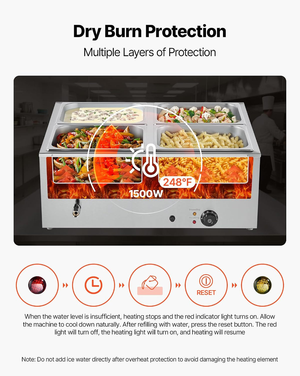 VEVOR Commercial Food Warmer, 1500W Electric Stainless Steel Steam Food Warmer with Lid, 4-Pan Fast Heating Countertop Buffet Bain Marie with Soup & Perforated Ladles, for Catering, Restaurant, Party