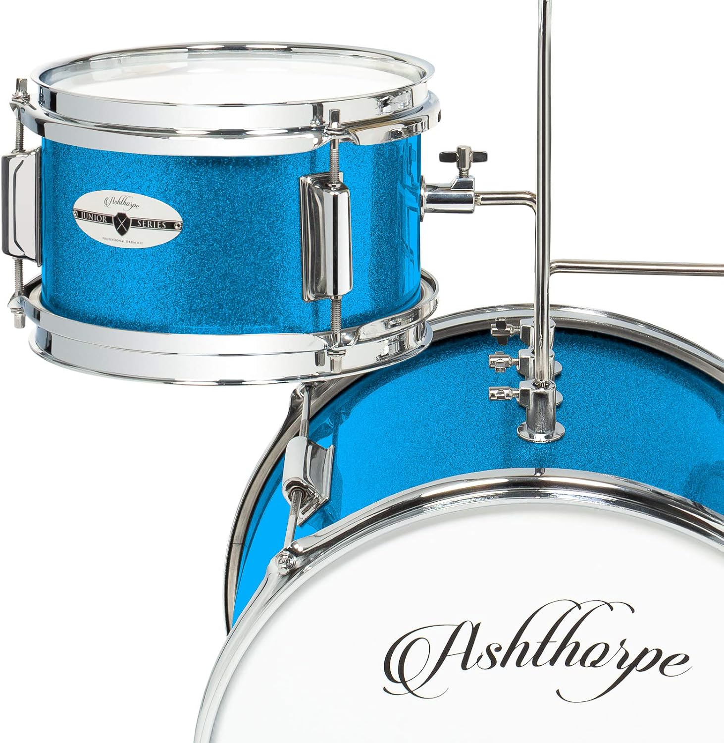 Ashthorpe 3-Piece Complete Kids Drum Set - Beginner Kit with 14' Bass, Adjustable Throne, Cymbal, Pedal & Drumsticks - Blue