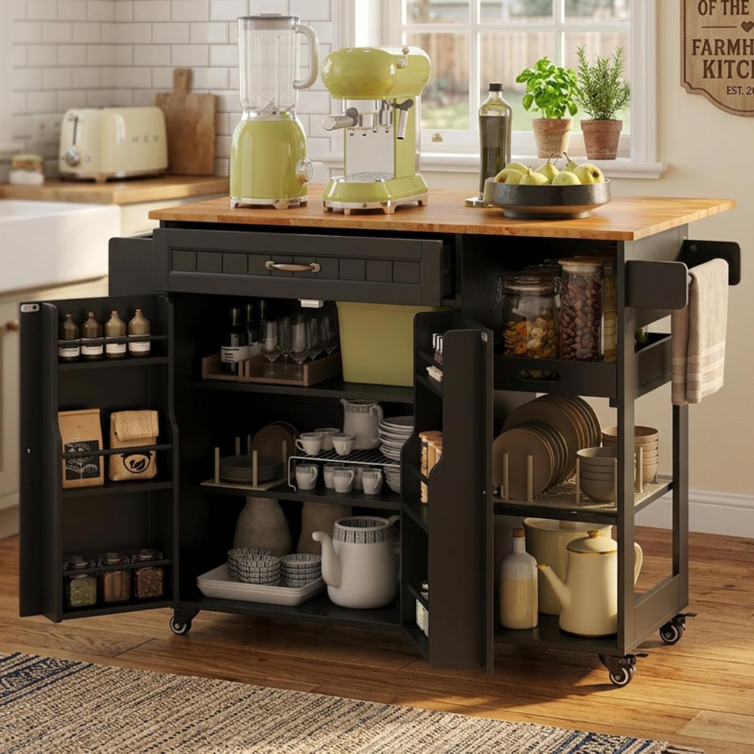 Gizoon Kitchen Island with Storage, Kitchen Island with Drop Leaf, 41.7''W Rolling Dining Cart, Foldable Countertop, 5 Wheels, Refrigerator Door, Adjustable Shelves, Spice/Towel Rack, Black