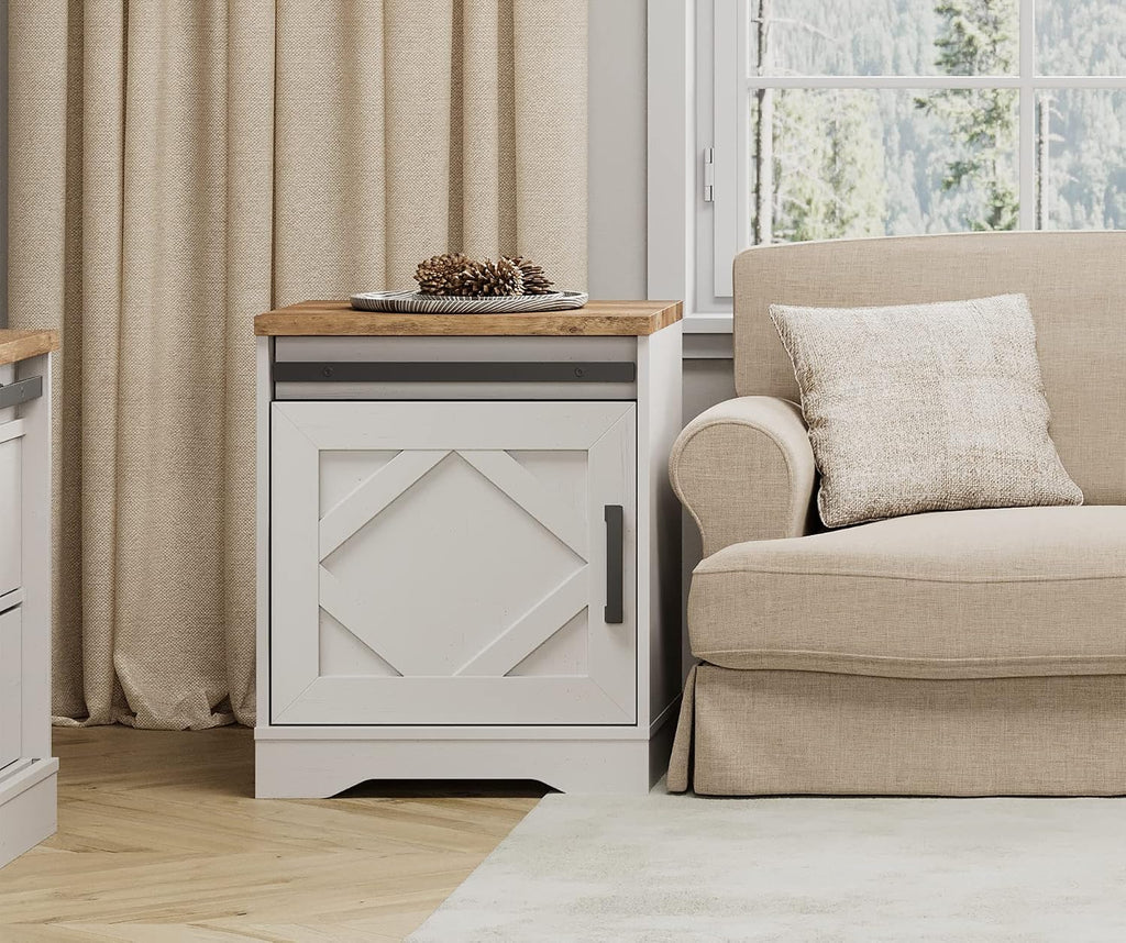 WAMPAT End Table, Pedestal Side Table with Drawer and Cabinet Wood Bedside Table Nightstands for Living Room Bedroom，Cream White