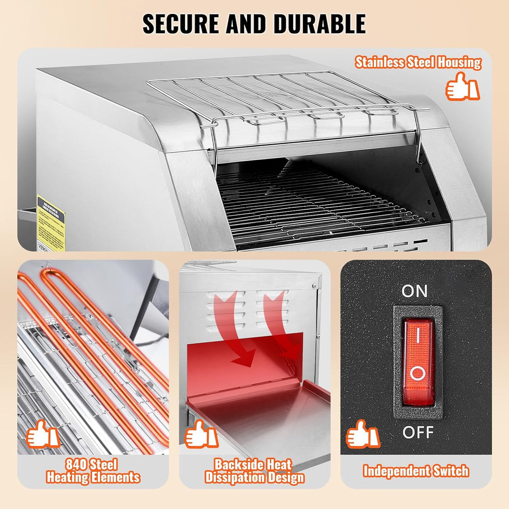 VEVOR Commercial Conveyor Toaster, 300 Slices/Hour Conveyor Belt Toaster, Heavy Duty Stainless Steel Commercial Toaster Oven for Toast Bun, Bagel, Bread