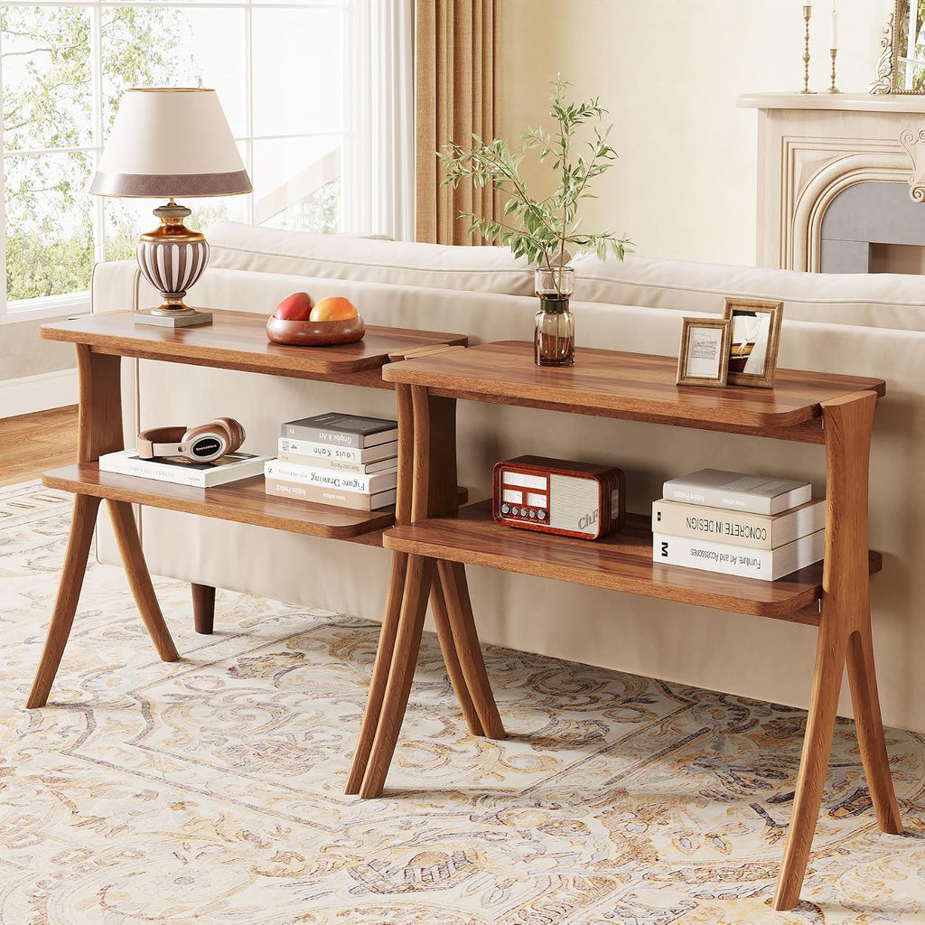 Tribesigns Walnut Side Table Set of 2, Narrow End Table with 2-Tier Storage Shelf and Solid Wood Legs, Slim Modern Bedside Table Nightstand for Living Room, Bedroom, Small Spaces (2)