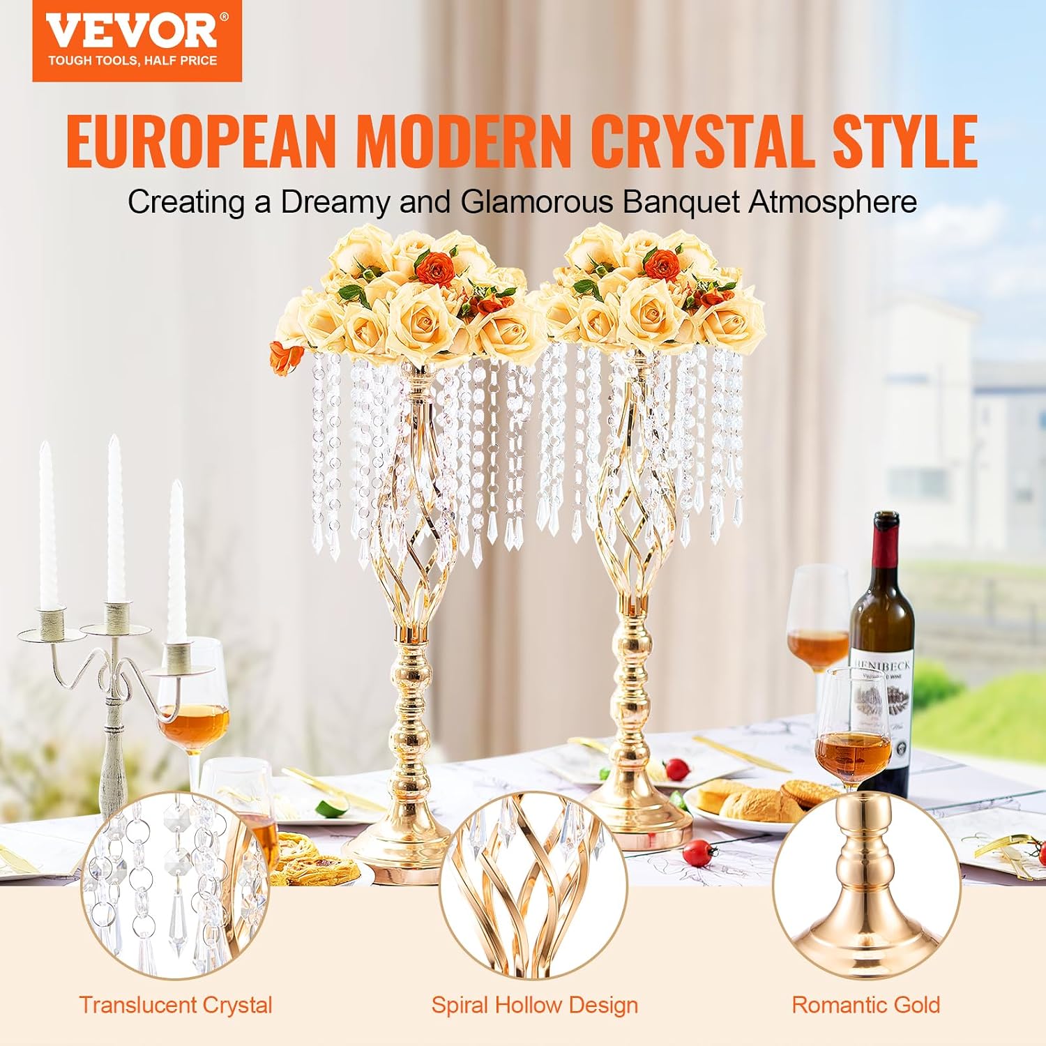 VEVOR Metal Wedding Centerpiece Gold,Crystal,2PCS 55cm/21.65'