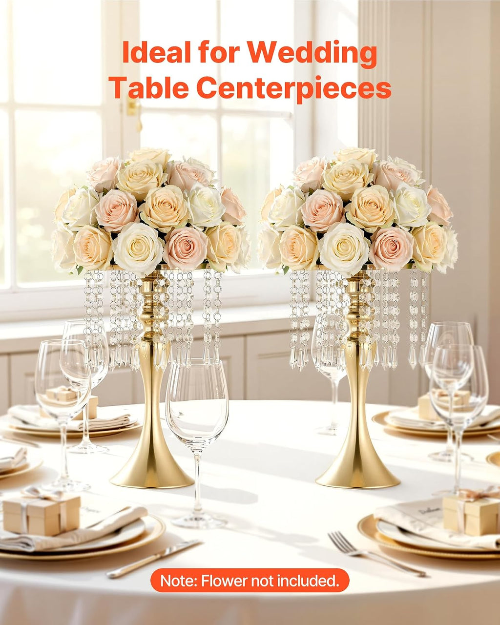VEVOR 20 PCS Wedding Flower Vase, 13.4 in Tall Flower Table Centerpieces, Crystal Banquet Vases Easy Installation, Electroplated Finish, Versatile Arrangement Stand for Party Events Home Decor, Gold