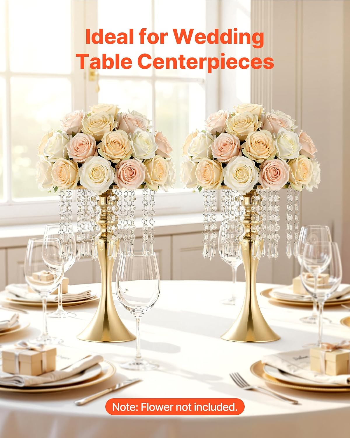 VEVOR 20 PCS Wedding Flower Vase, 13.4 in Tall Flower Table Centerpieces, Crystal Banquet Vases Easy Installation, Electroplated Finish, Versatile Arrangement Stand for Party Events Home Decor, Gold