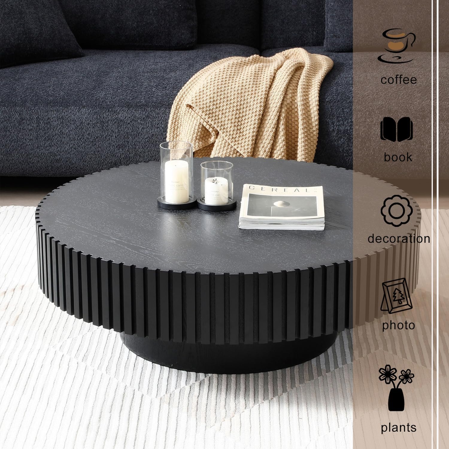 39' Round Black Coffee Table for Living Room, Mid Century Modern Coffee Table with Sturdy Pedestal, Circle Center Table Accent Tea Table for Apartment