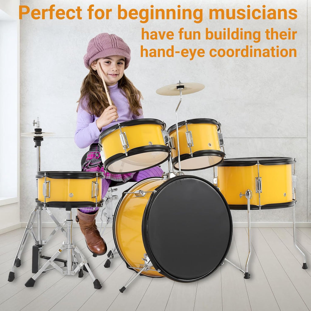 5-Piece 16 Inch Kids Drum Set, Junior Drum Kit with Bass Drum, Snare, 2 Toms, Cymbal, Hi-Hat, Throne Stool, Drumsticks & Pedals, Musical Gift for Beginner Students Ages 4+(Yellow)