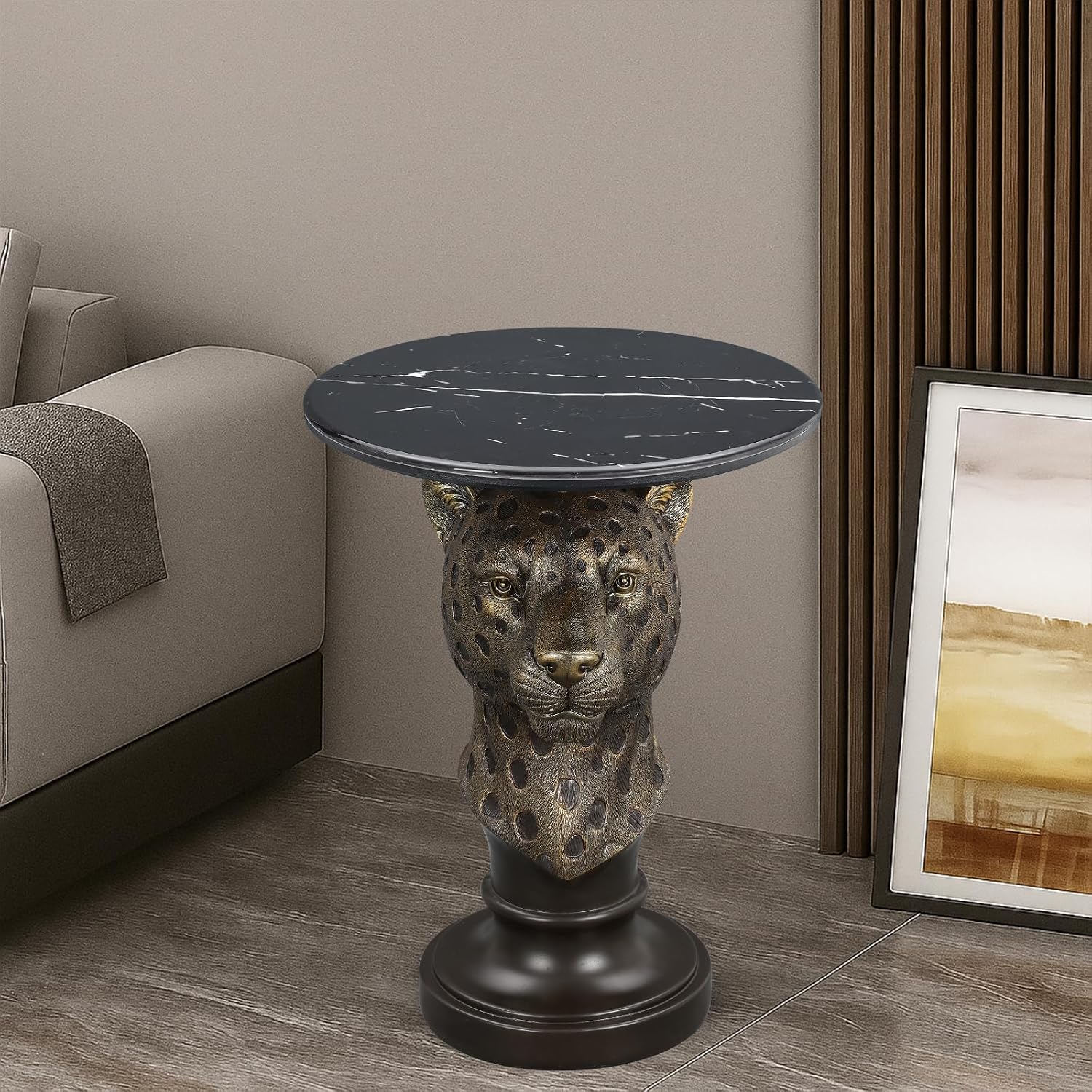 Leopard Head Sculptural Accent Table for Living Room & Entryway, 19.69' D x 24.80' H, Resin Animal End Table, Waterproof Outdoor Decor, Unique Gift for Housewarming