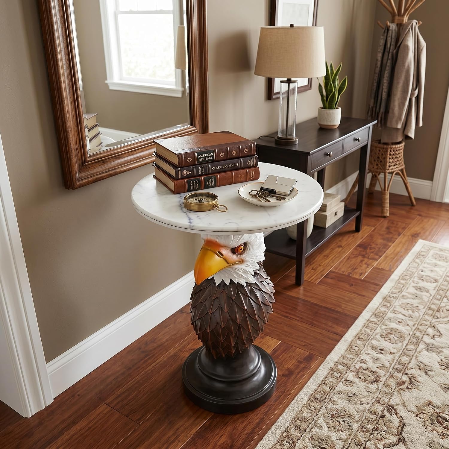 Bald Eagle Sculptural Side Table with Faux Marble Top, 17.72' Round Resin Animal End Table, Unique Eagle Statue Decor for Living Room, Office & Patio, Patriotic Housewarming Gift
