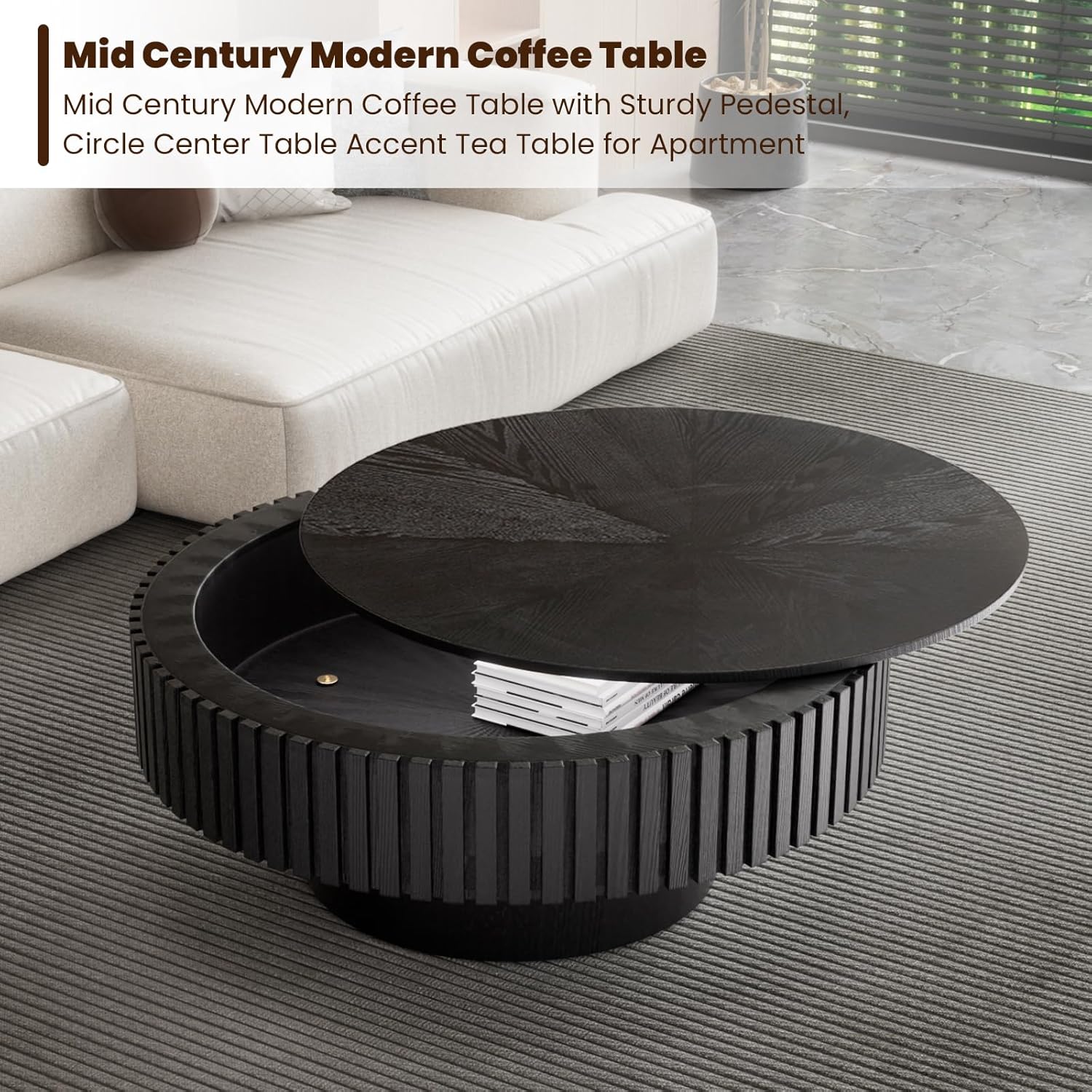 Round Drum Coffee Table with Storage, 31.5' Modern Handcraft Fluted Drum Coffee Table, Wooden Circle Center Table with Sturdy Pedestal for Living Room Apartment (31.5' Black with Storage)