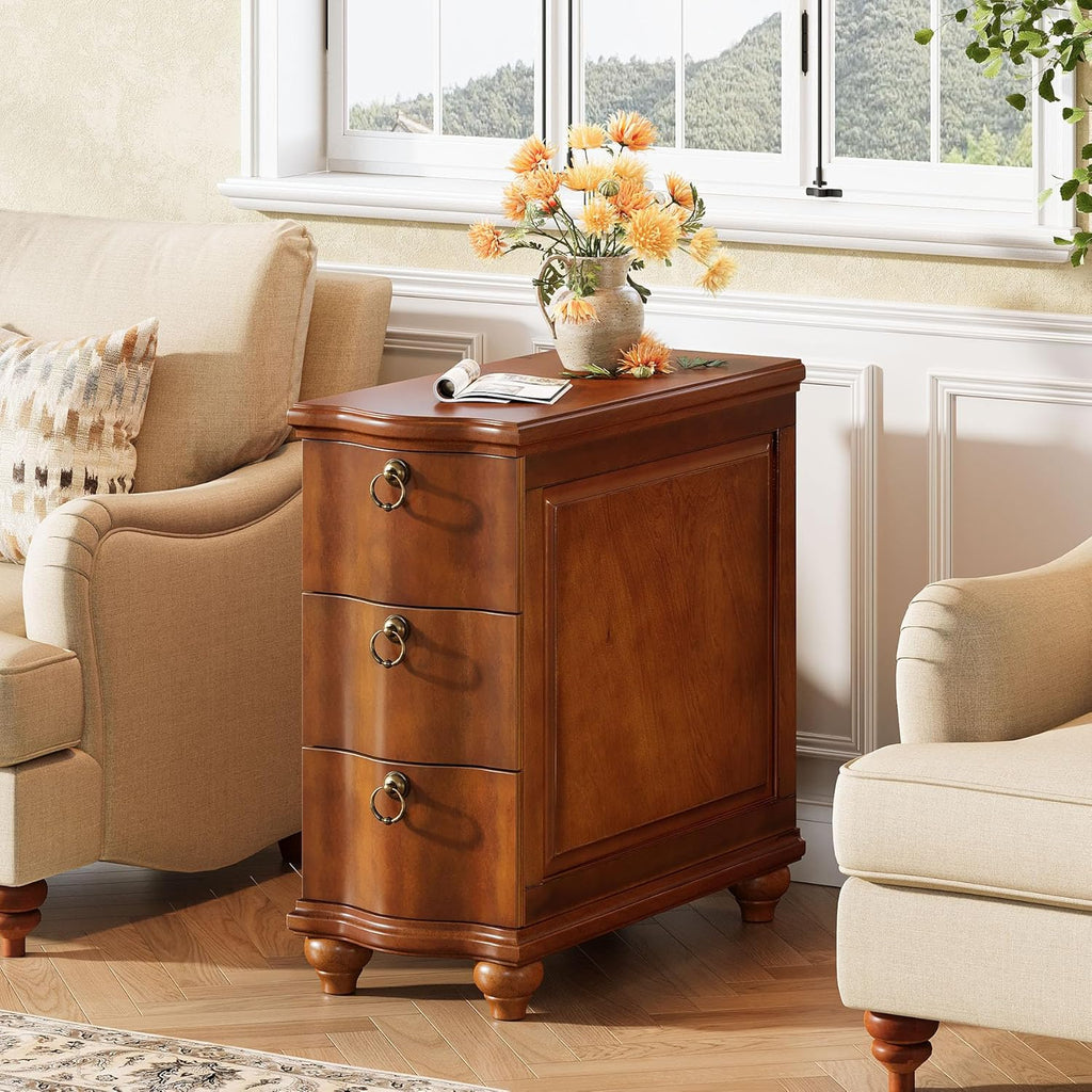 Tribesigns Wood Fully Assembled End Table, 3-Drawers Narrow Slim Side Table, No Assembly Required, Nightstand for Bedside, Small Spaces, Living Room, Bedroom, Walnut Brown