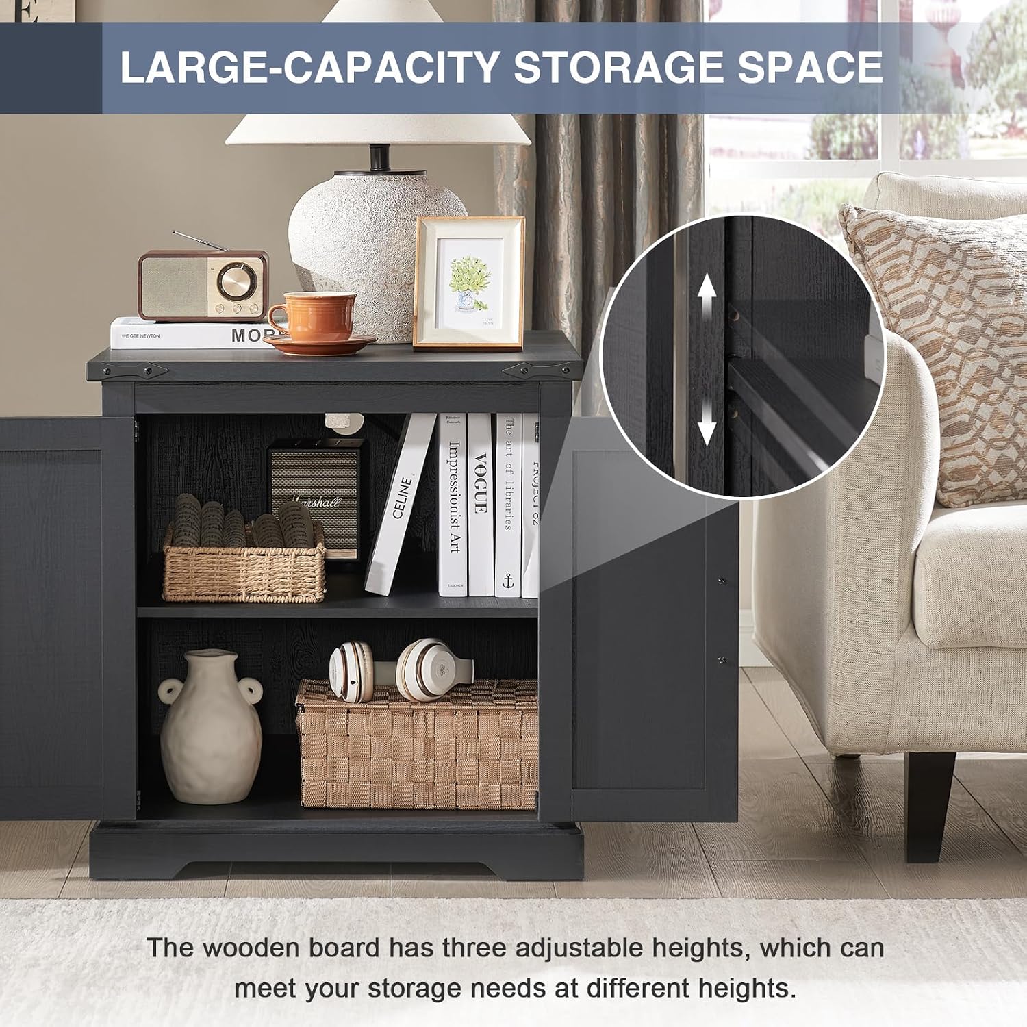 Barnyatoh Farmhouse End Table with Charging Station,24' Large Sofa Side Table with Barn Door, Rustic Wood Square Nightstand Bedside Table with Adjustable Storage Shelf for Living Room, Bedroom,Black
