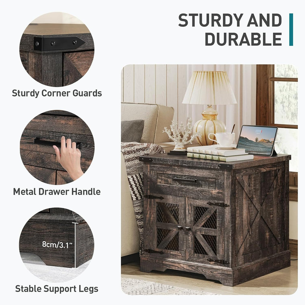 RALGEND Farmhouse End Table with Charging Station, 24' Large Sofa Side Table with Drawer, Large End Table for Living Room, Wooden Nightstand with Outlet, Square, Dark Rustic Oak
