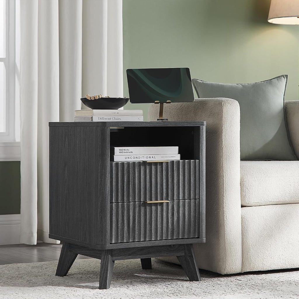T4TREAM Fluted Nightstand Set of 2 with Charging Station, 18' Modern Side Table, 2 Drawers End Table with Storage, Bedside for Bedroom, Living Room, Curved Profile Design, Dark Alder