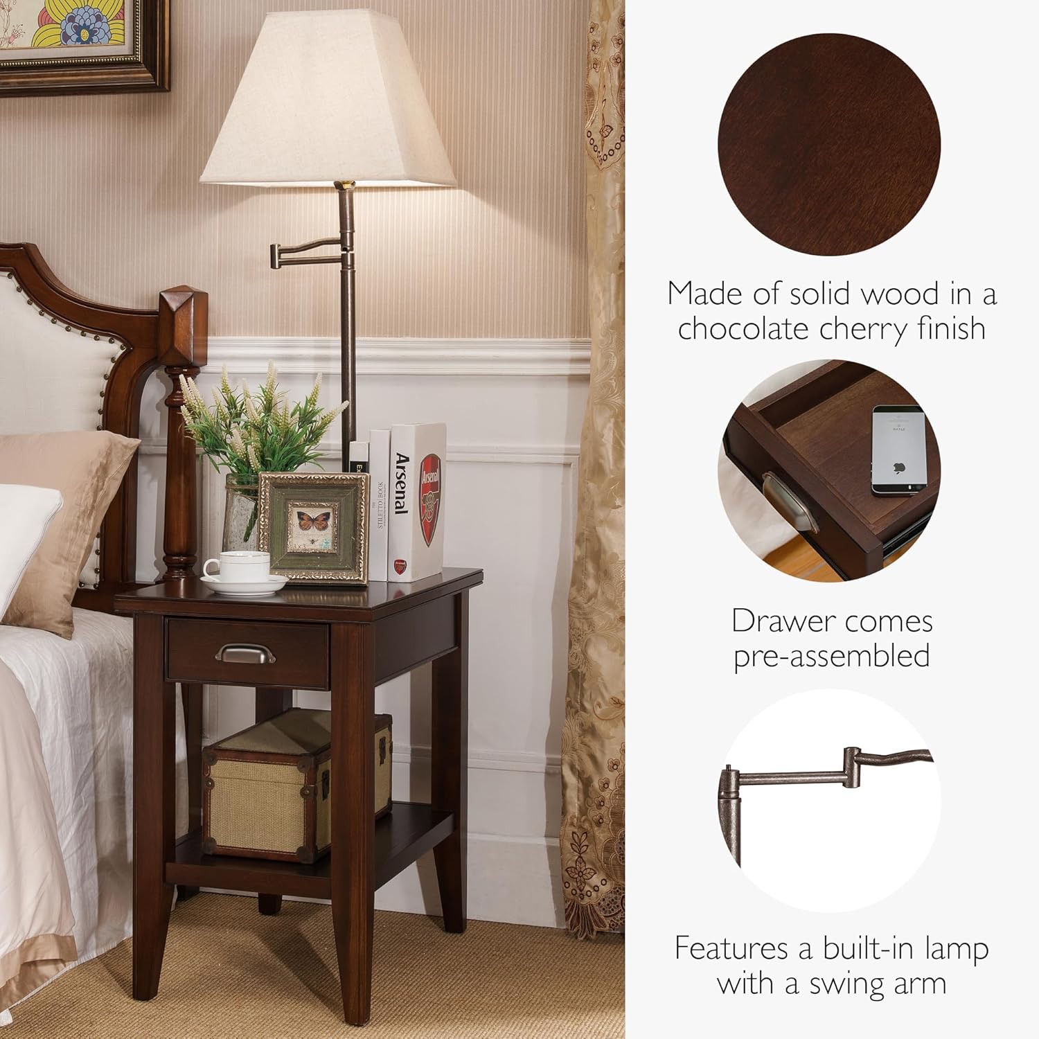 Leick Home Laurent End Table with Lamp, Solid Wood, with Drawer and Shelf, Chocolate Cherry, 10537