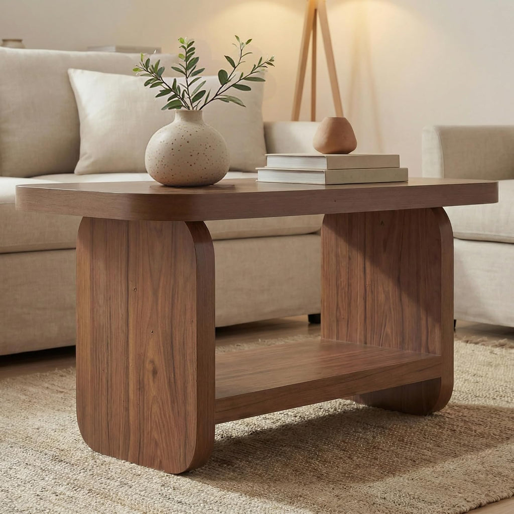 LITTLE TREE Wooden Coffee Table, 47.2' Center Table with Storage, Modern Farmhouse Rectangle Living Room Tables with Rounded Corners for Living Room, Bedroom, Kids Room, Home Office, Brown