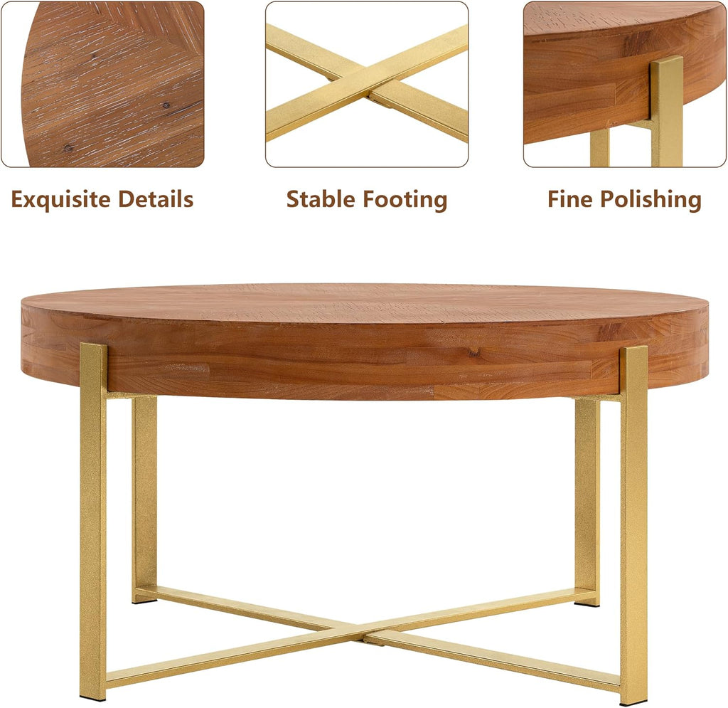 33.86' Round Coffee Table with X-Shaped Gold Metal Legs, Solid Wood Circle Table for Living Room, Retro Circular Table, Natural