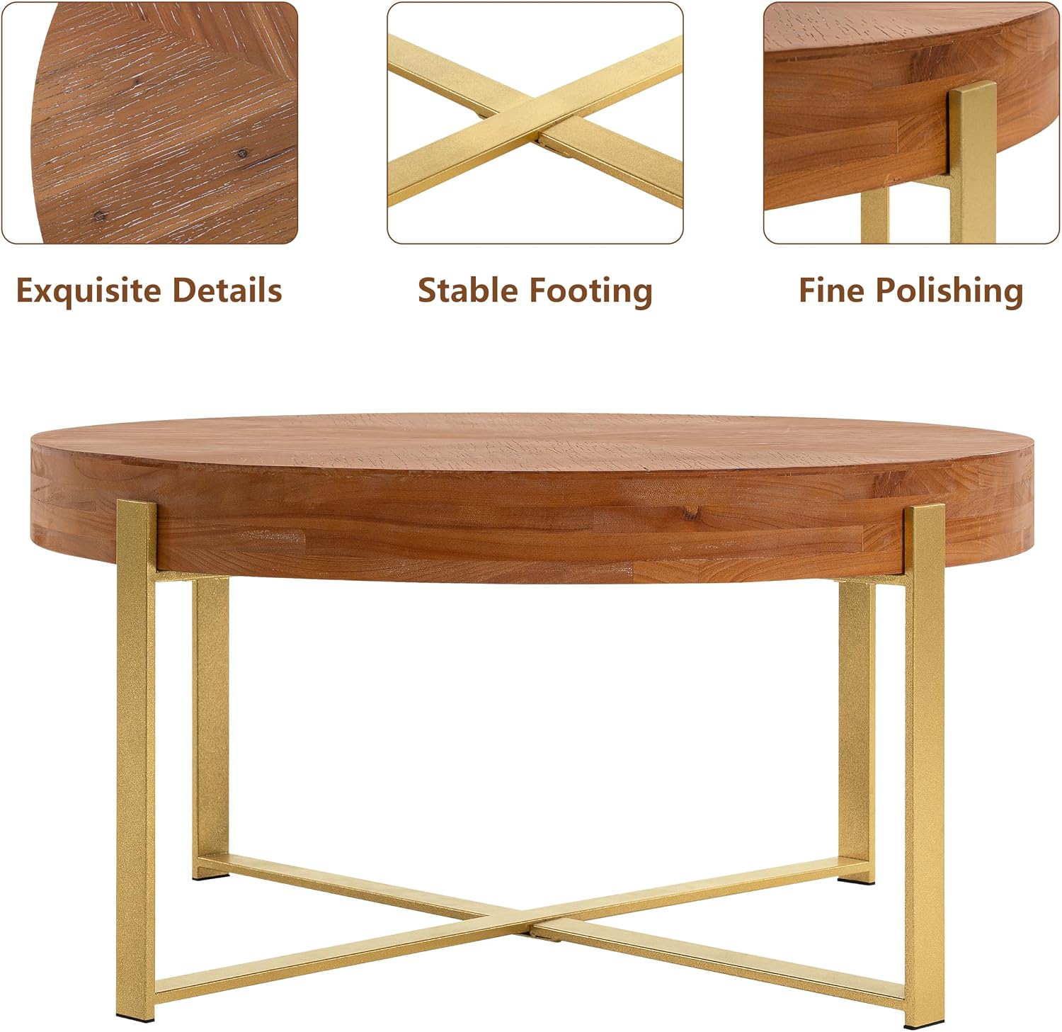 33.86' Round Coffee Table with X-Shaped Gold Metal Legs, Solid Wood Circle Table for Living Room, Retro Circular Table, Natural