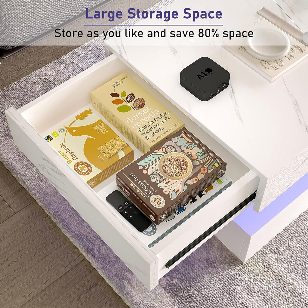 HOMFAMILIA LED Coffee Table with 2 Storage Drawers, Modern High Gloss White Coffee Table w/20 Colors LED Lights, 2 Tiers Rectangle Center Table for Living Room with Marbling Print, APP Control, White