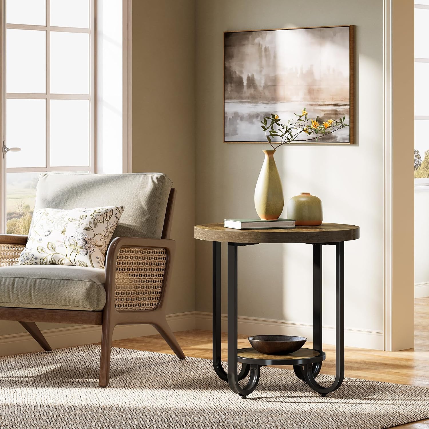 Tribesigns Round End Table with 2-Tier Storage Shelf, Industrial Side Table with Curved Metal Legs, Wood-Grain Accent Coffee Side Stand, Small Nightstand for Living Room, Bedroom, Office, 2PCS