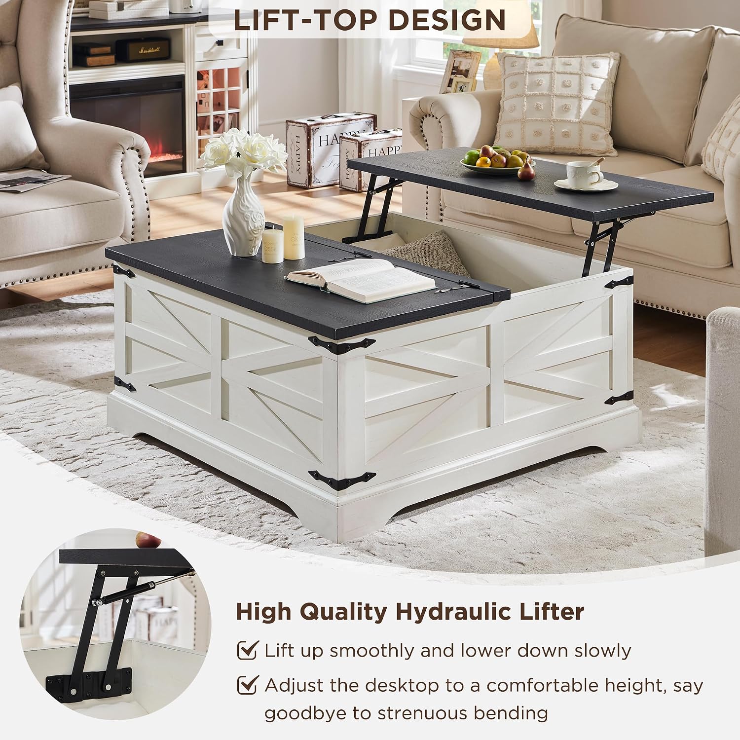 JXQTLINGMU 36' Lift Top Coffee Table with Storage, Farmhouse Square Center Table with Large Hidden Compartment, Wood Lift Tabletop Dining Table for Home Living Room, White