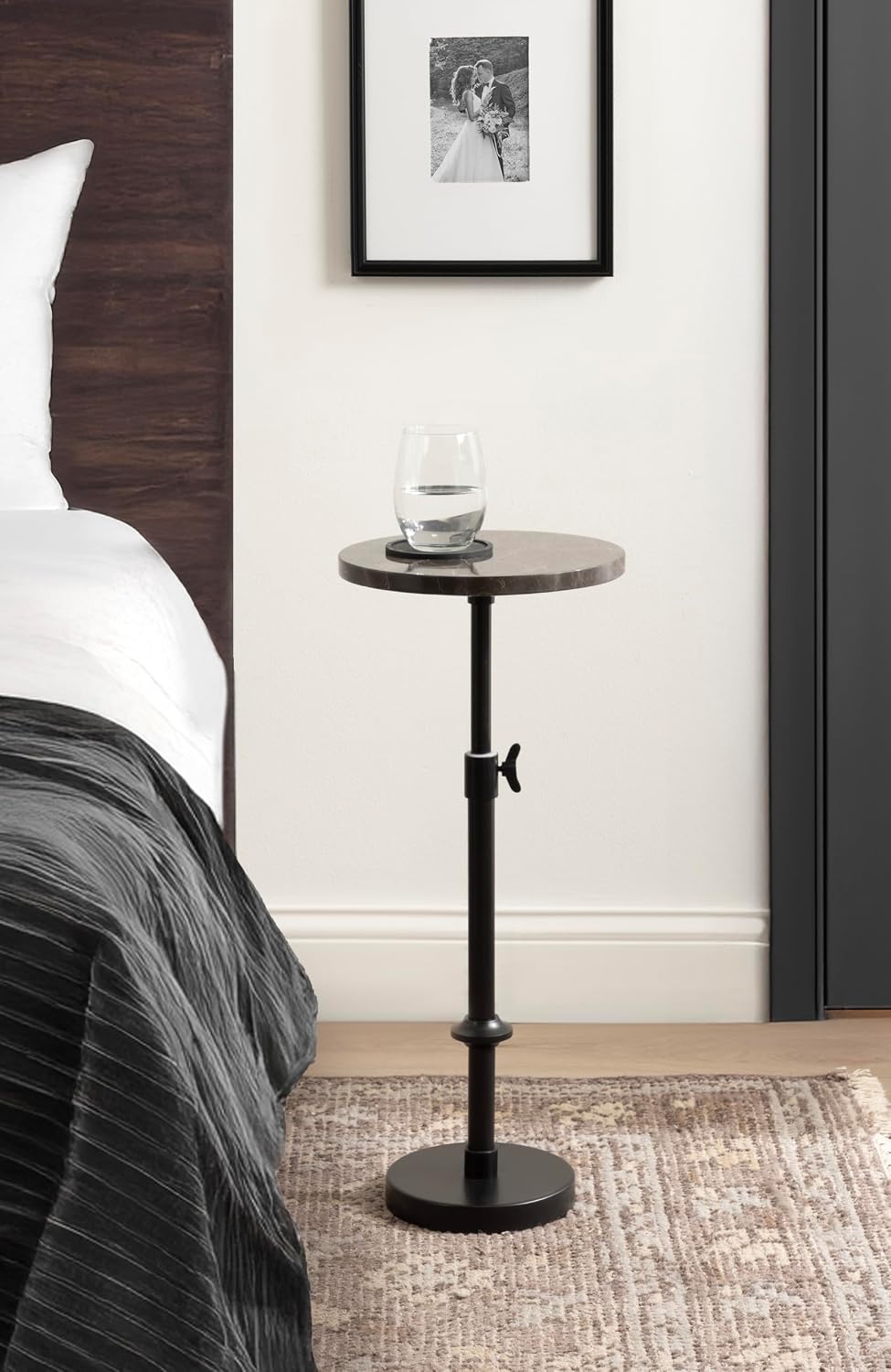 Kate and Laurel Engles Traditional Adjustable-Height Pedestal Drink Table, 10 x 10 x 30, Dark Emperador Marble and Black, Round Metal Mini Table for Indoor Plant Stand with Authentic Stone Tabletop