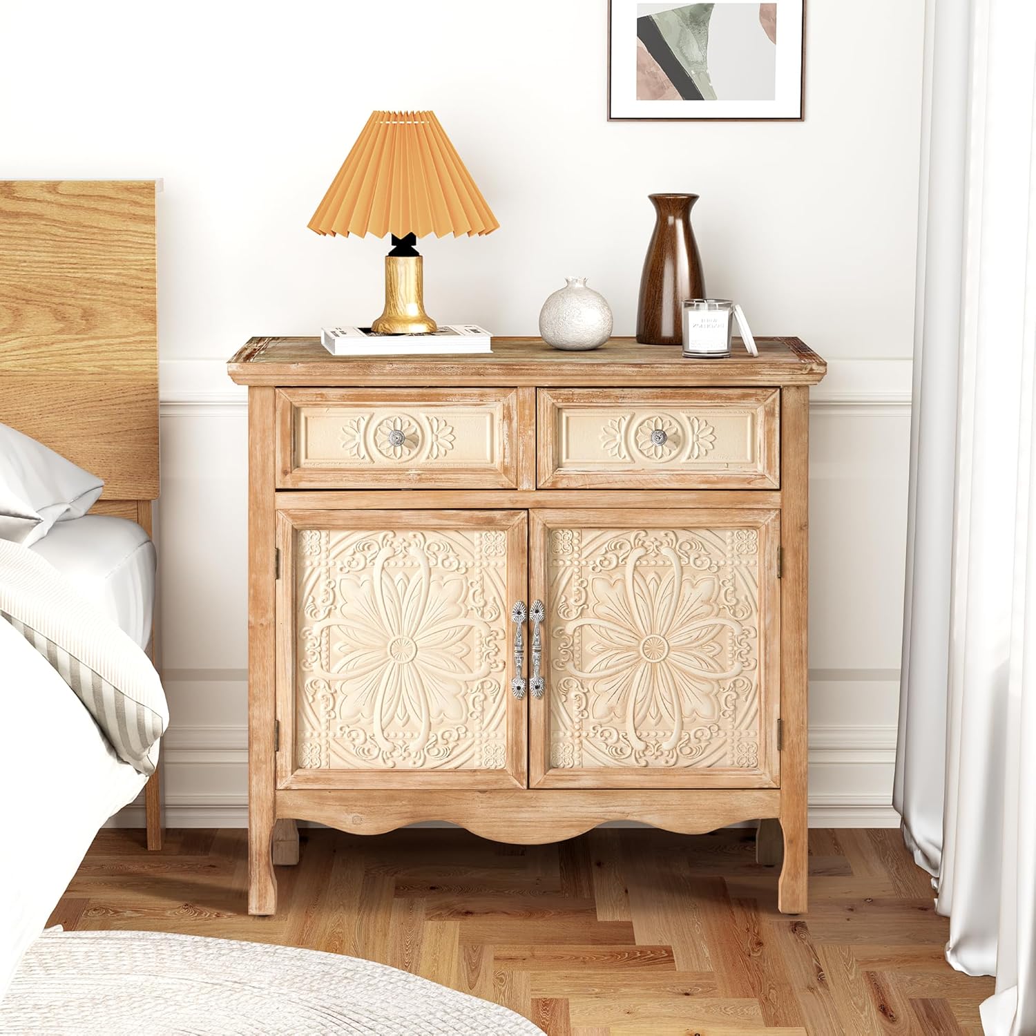 RoyalCraft Solid Wood Nightstand, Vintage Side Table with 2 Doors and 2 Drawers, Large End Table with Storage, Bedside Table for Bedroom, Living Room, French Romance Design, (Natural)