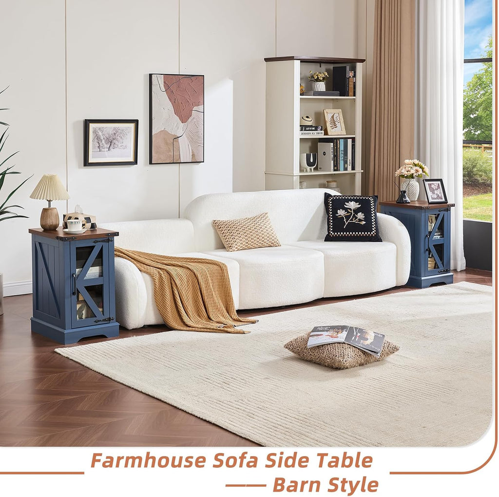 Joaxswe Farmhouse Coffee Table Sets 3 Pieces, Narrow Night Stand with Glass Barn Door Storage, Large Coffee Tables with Hidden Storage Organizer, Wood Furniture Sets for Living Room, Office, Blue