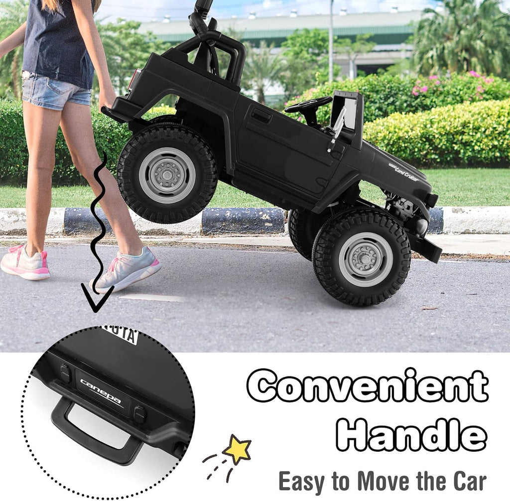 Costzon 2 Seater Ride on Car, 12V Licensed Toyota FJ40 Ride On Truck w/ 2.4G Remote Control, Spring Suspension, Storage Box, Colorful Lights, Music, USB Port & FM, Electric Car for Kids (Black)