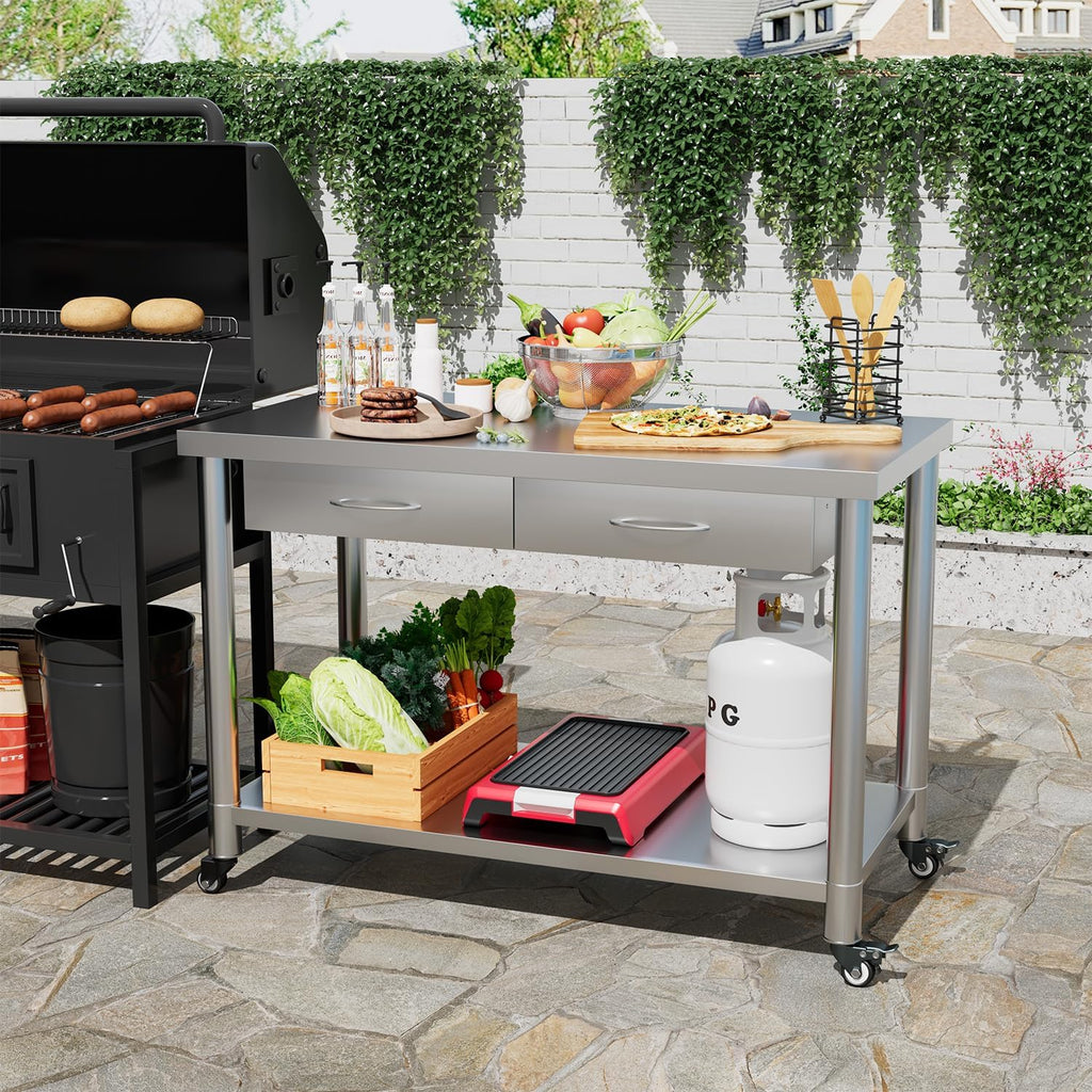 Stainless Steel Work Table with Drawers, 48'x24' Prep Table for Commercial Kitchen, Heavy-Duty Workbench Worktable Rolling Kictchen Island with Wheels for Home Kitchen and Restaurant