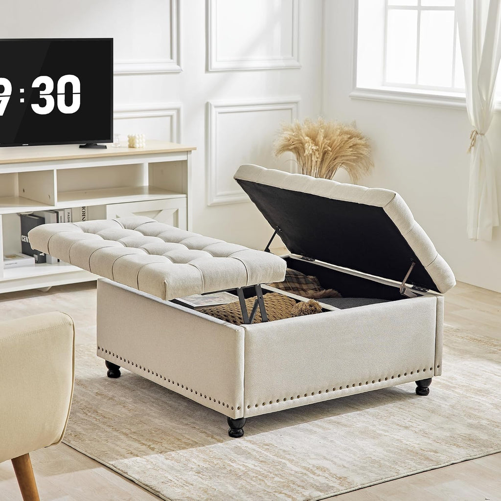 Redlife 35 Inch Large Square Storage Ottoman, Storage Ottoman Coffee Table with Lift Top Linen Ottomans Bench Square Footrest Oversized Upholstered Coffee Table for Living Room Bedroom (Beige)