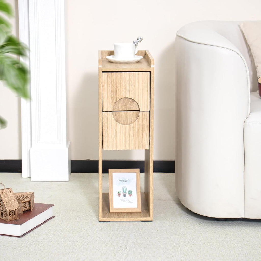 Small Fluted Nightstand Set of 2, Wood 2 Drawer Narrow Nightstand, Slim Side Table, Modern Boho End Bedside Table, Natural Wood Night Stand with Drawers for Bedroom, Living Room, Natural
