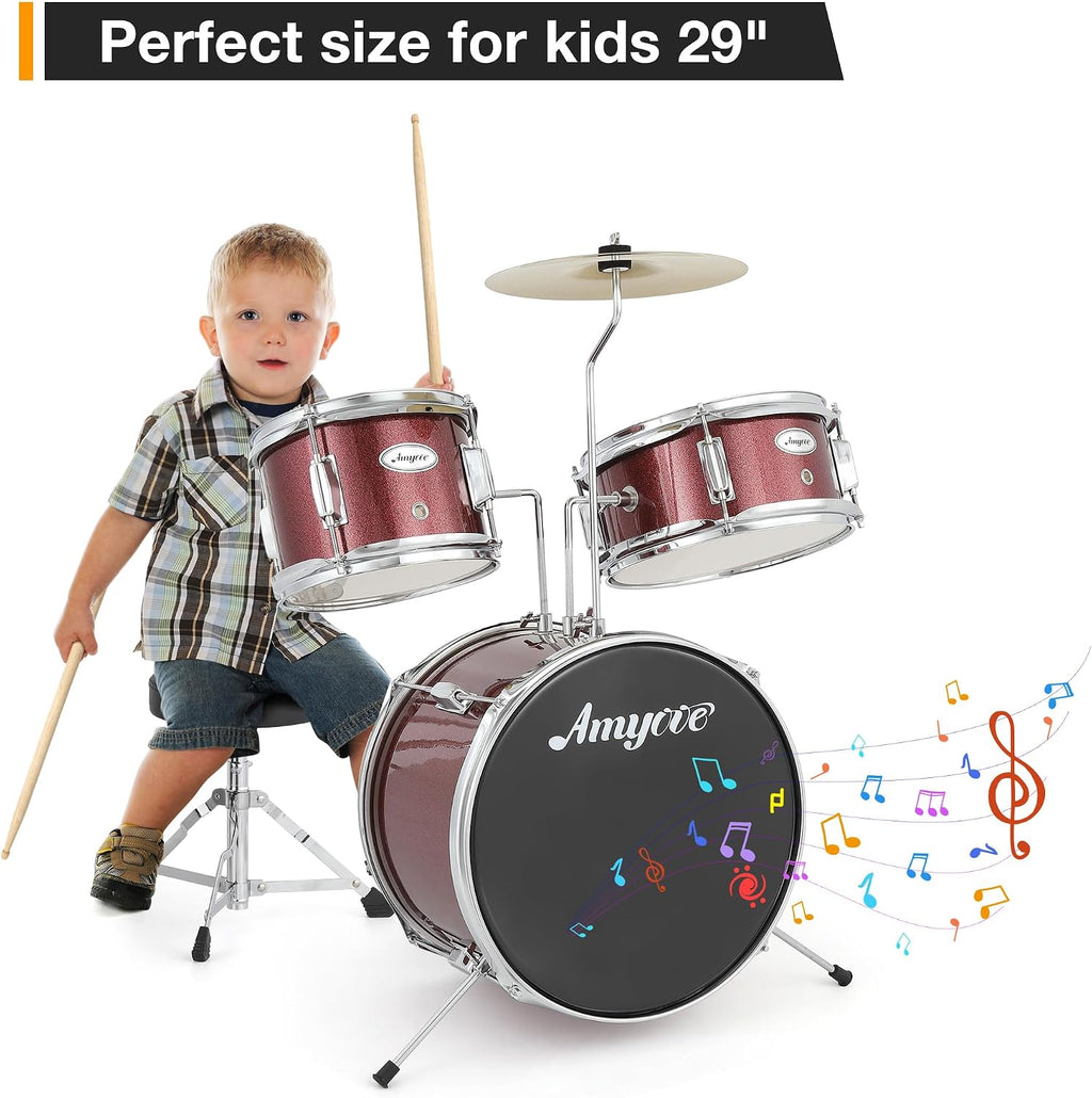 3-Piece Beginner Drum Set, Beginner Drum Set,with Bass Tom Snare Drum, 14 Inch Drum Kit with Snare, Cymbal, Drumsticks, Adjustable Seat (Red)