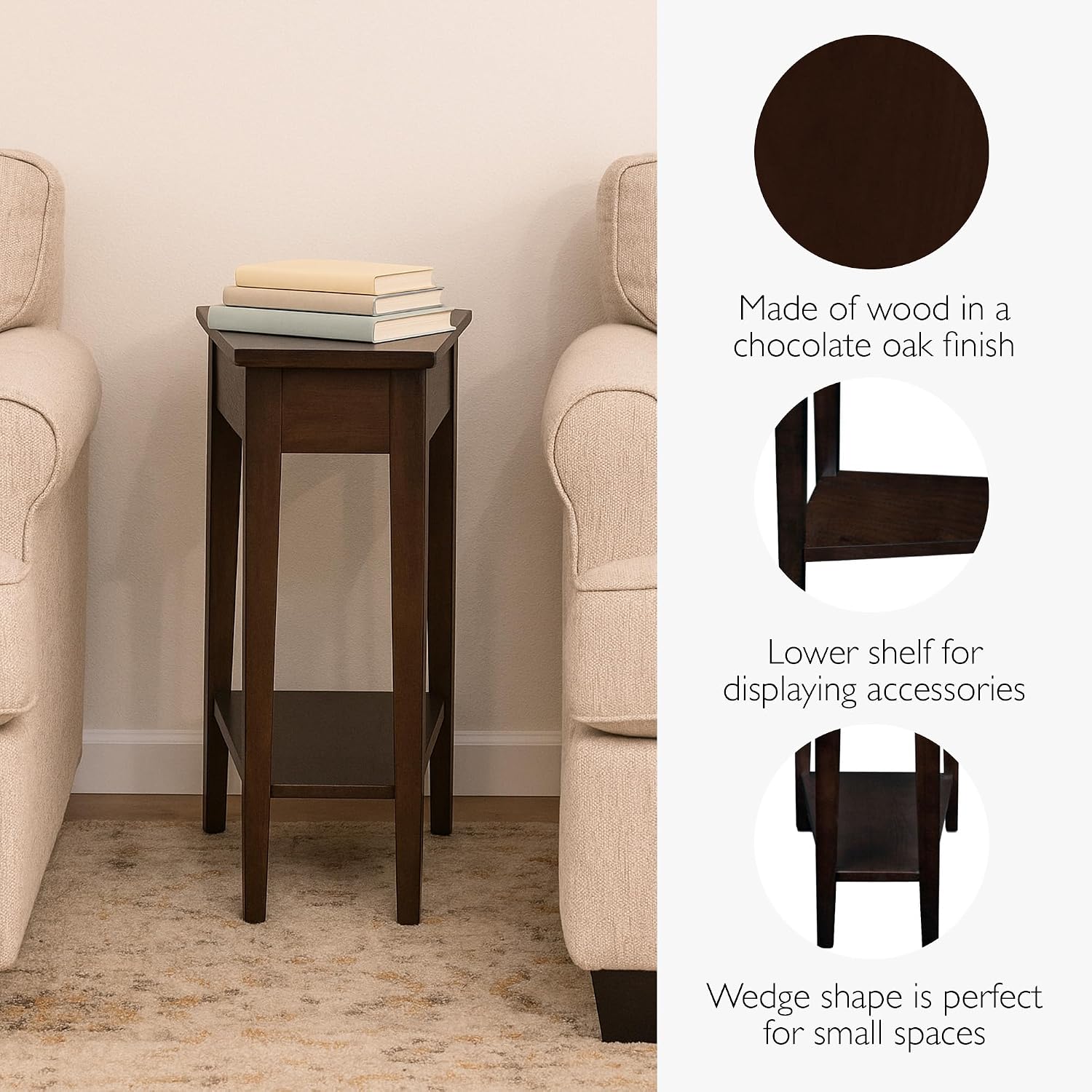 Leick Home Teegan End Table, Solid Wood, Wedge Shape, with Shelf, for Living Room and Small Spaces, Chocolate Oak, 10074-CH