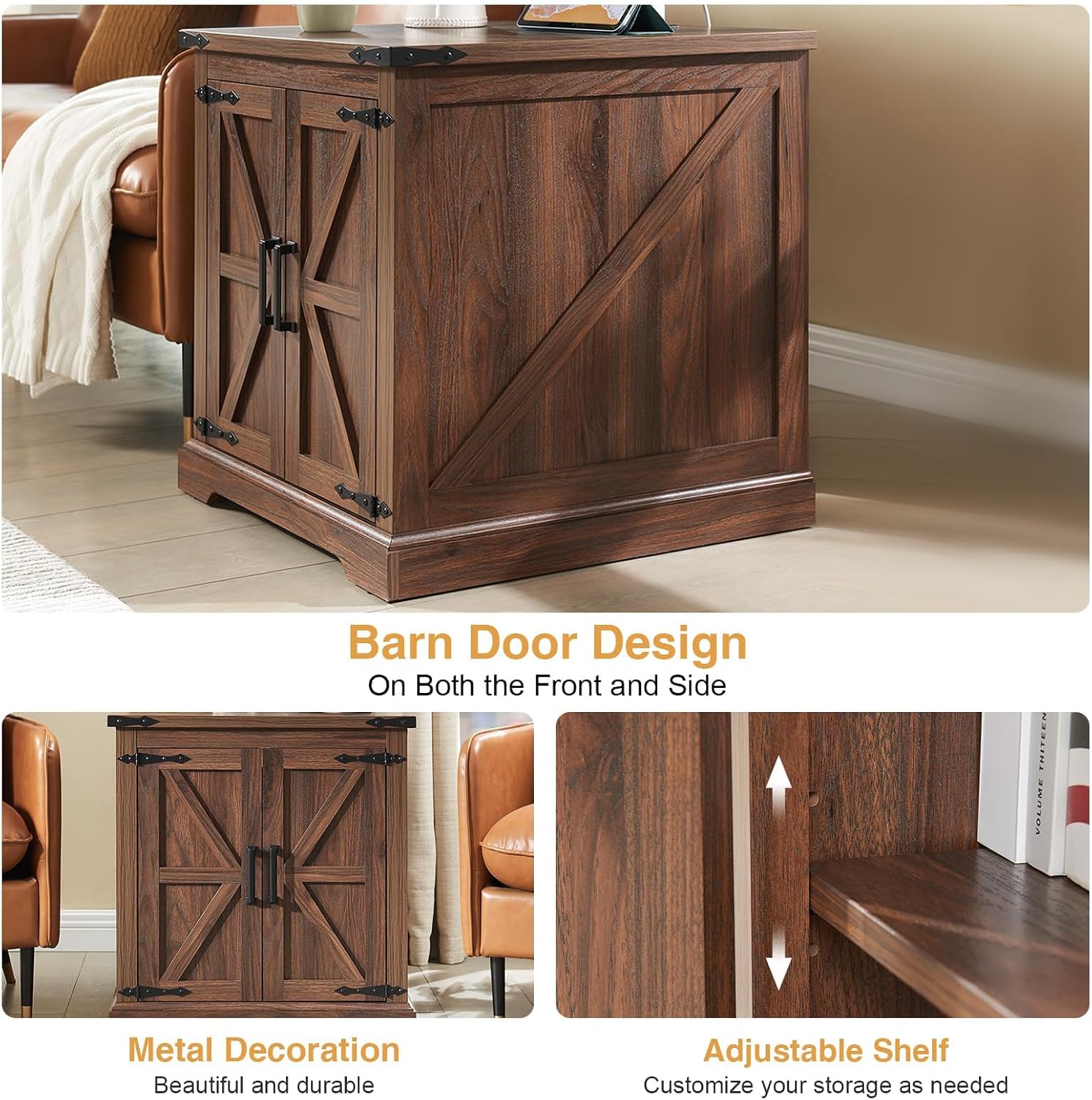 Barnyatoh Farmhouse End Table with Charging Station,24' Large Sofa Side Table with Barn Door, Rustic Wood Square Nightstand Bedside Table with Adjustable Storage Shelf for Living Room, Bedroom,Walnut