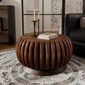 Modern Wood Fluted Round Coffee Table - Handcraft Drum Coffee Tables with Sturdy Base, Contemporary Style Small Circle Coffee Table Tea Table for Living Room,Office - Easy Assembly (Walnut 26.37')