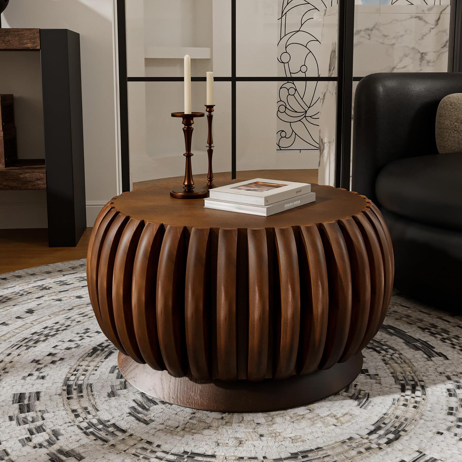 Modern Wood Fluted Round Coffee Table - Handcraft Drum Coffee Tables with Sturdy Base, Contemporary Style Small Circle Coffee Table Tea Table for Living Room,Office - Easy Assembly (Walnut 26.37')