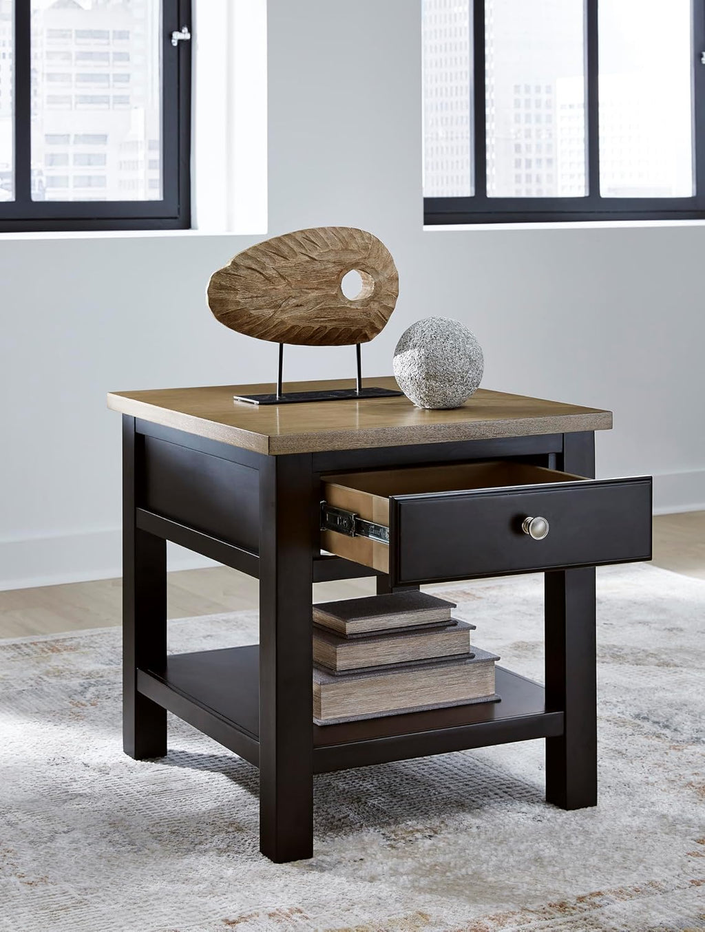 Signature Design by Ashley Drazmine Casual End Table with 1 Lower Shelf, Light Brown & Black