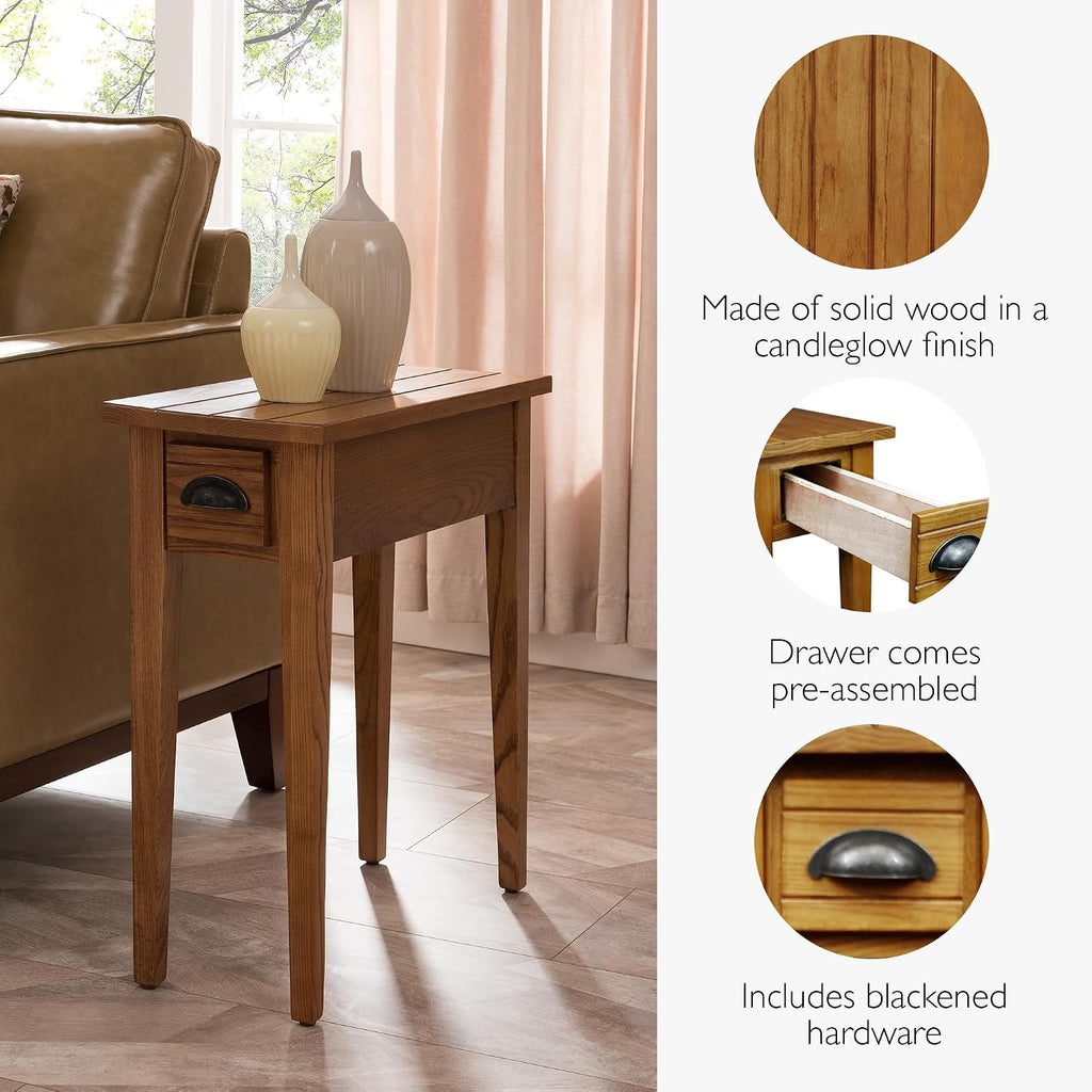 One Drawer Bin Pull Narrow Side Table, Solid Wood, Candleglow Brown, Perfect for Living Rooms, Bedrooms, and Small Spaces – Leick Home, 9010