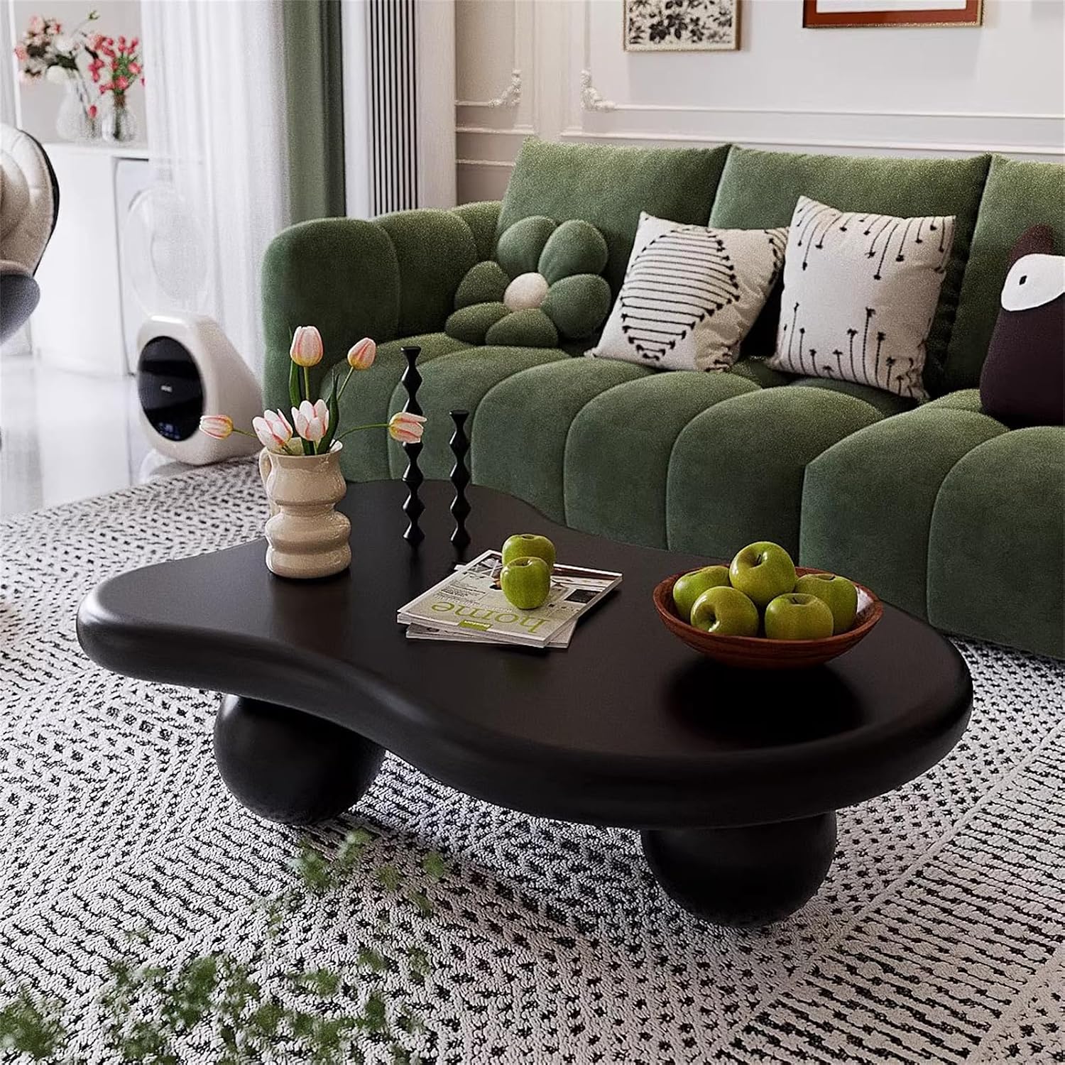 Cloud Coffee Table for Living Room with Round Corners Modern Style Center Table with 3 Ball-Shaped Legs Wood Tea Table for Small Space Apartment Easy Assembly (Black W48 * D36 * H14inch)
