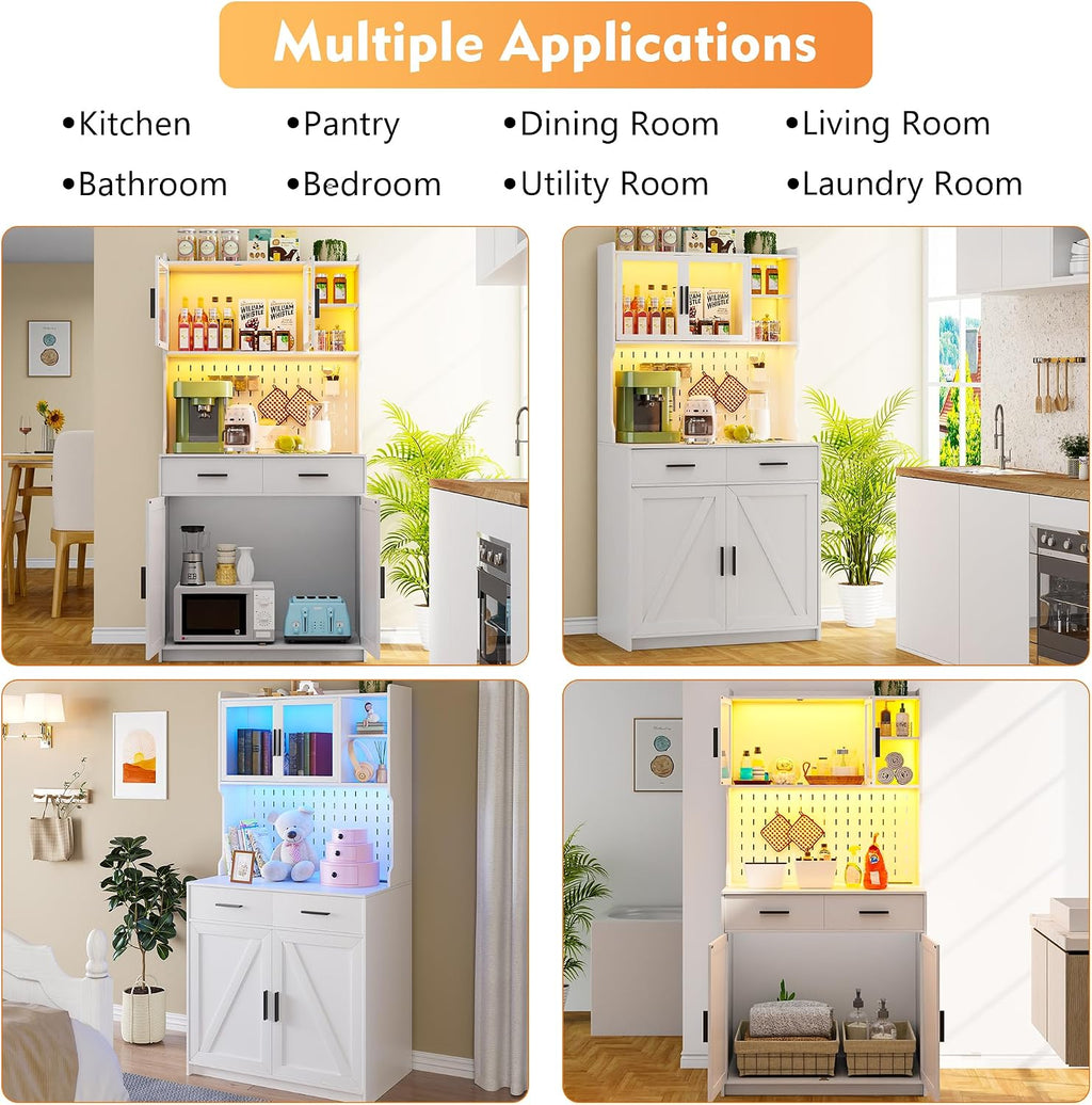Gurexl 64' Farmhouse Kitchen Pantry with Auto Sensor LED,Storage Cabinets with 2 Outlets for Microwave & USB-C Ports,Hutch Cabinet with Pegboard,2 Cabinet,2 Drawers,1 Large Countertop