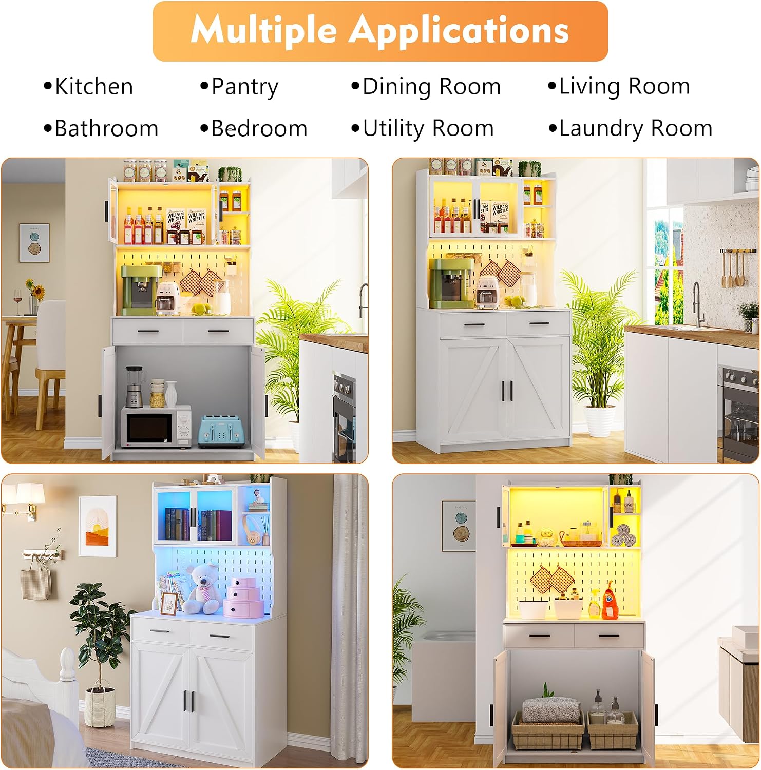 Gurexl 64' Farmhouse Kitchen Pantry with Auto Sensor LED,Storage Cabinets with 2 Outlets for Microwave & USB-C Ports,Hutch Cabinet with Pegboard,2 Cabinet,2 Drawers,1 Large Countertop