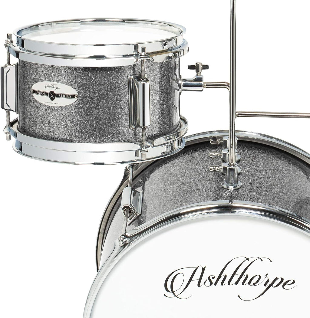 Ashthorpe 3-Piece Complete Kids Drum Set - Beginner Kit with 14' Bass, Adjustable Throne, Cymbal, Pedal & Drumsticks - Silver