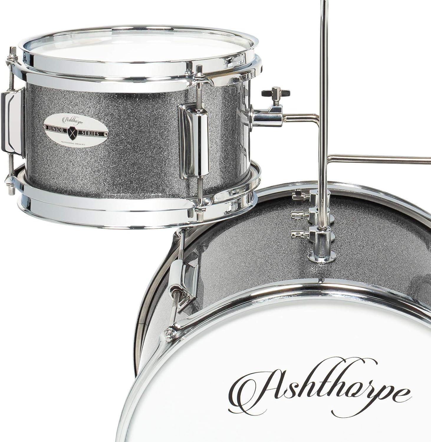 Ashthorpe 3-Piece Complete Kids Drum Set - Beginner Kit with 14' Bass, Adjustable Throne, Cymbal, Pedal & Drumsticks - Silver