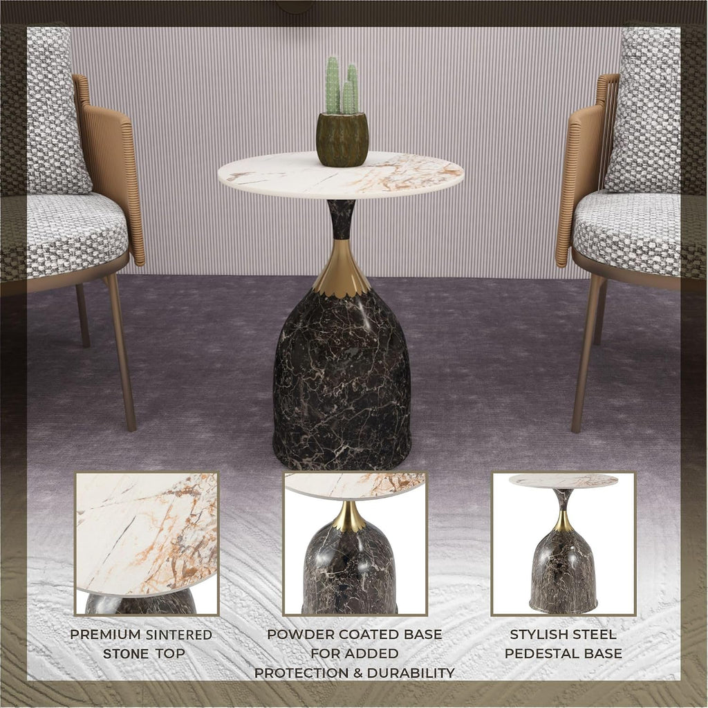 LeisureMod Oslo Modern Round Side Table with Elegant Sintered Stone Top and Sculptural Stainless Steel Pedestal Base, Chic Accent End Table for Living Room, Home or Sofa, Marbled Brown