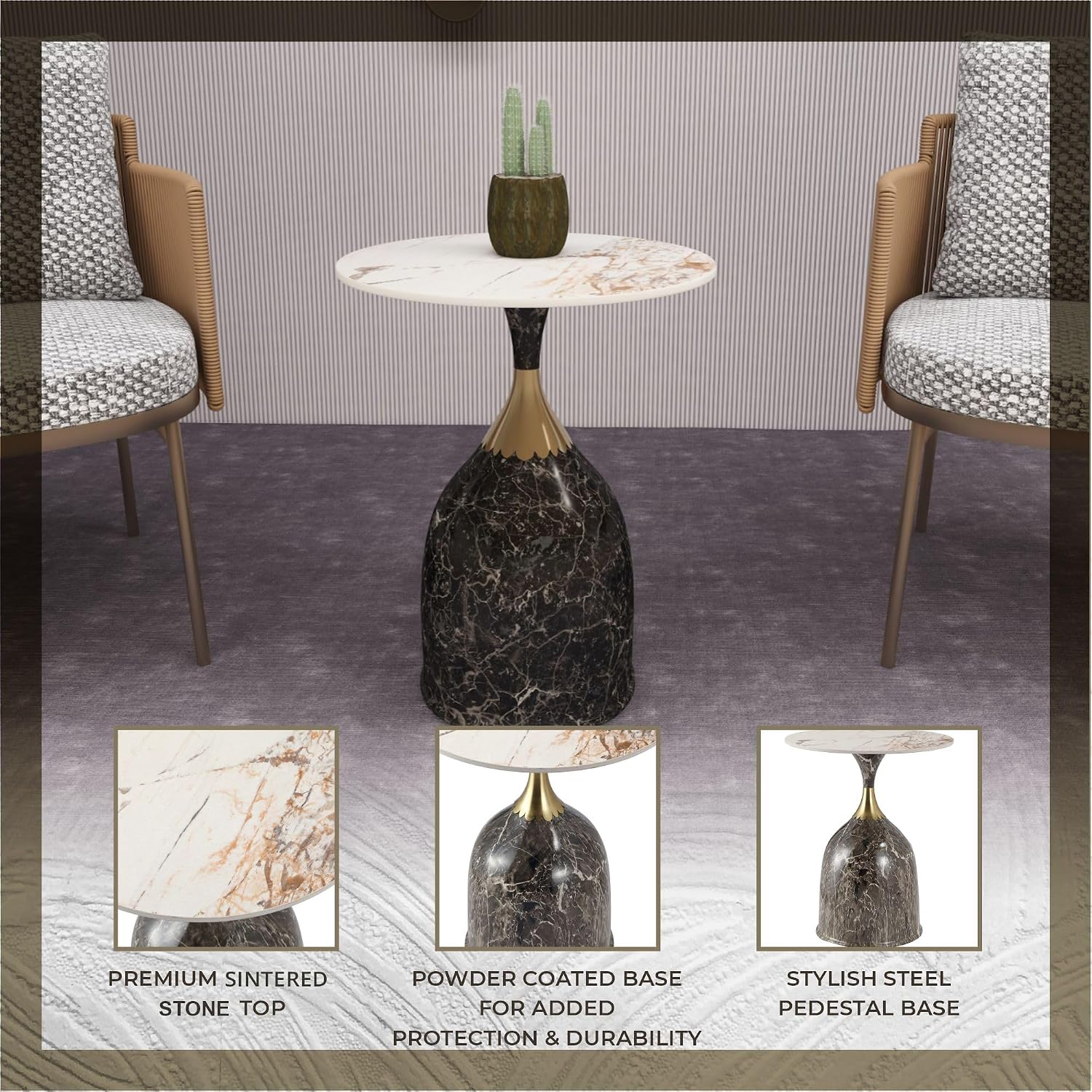 LeisureMod Oslo Modern Round Side Table with Elegant Sintered Stone Top and Sculptural Stainless Steel Pedestal Base, Chic Accent End Table for Living Room, Home or Sofa, Marbled Brown