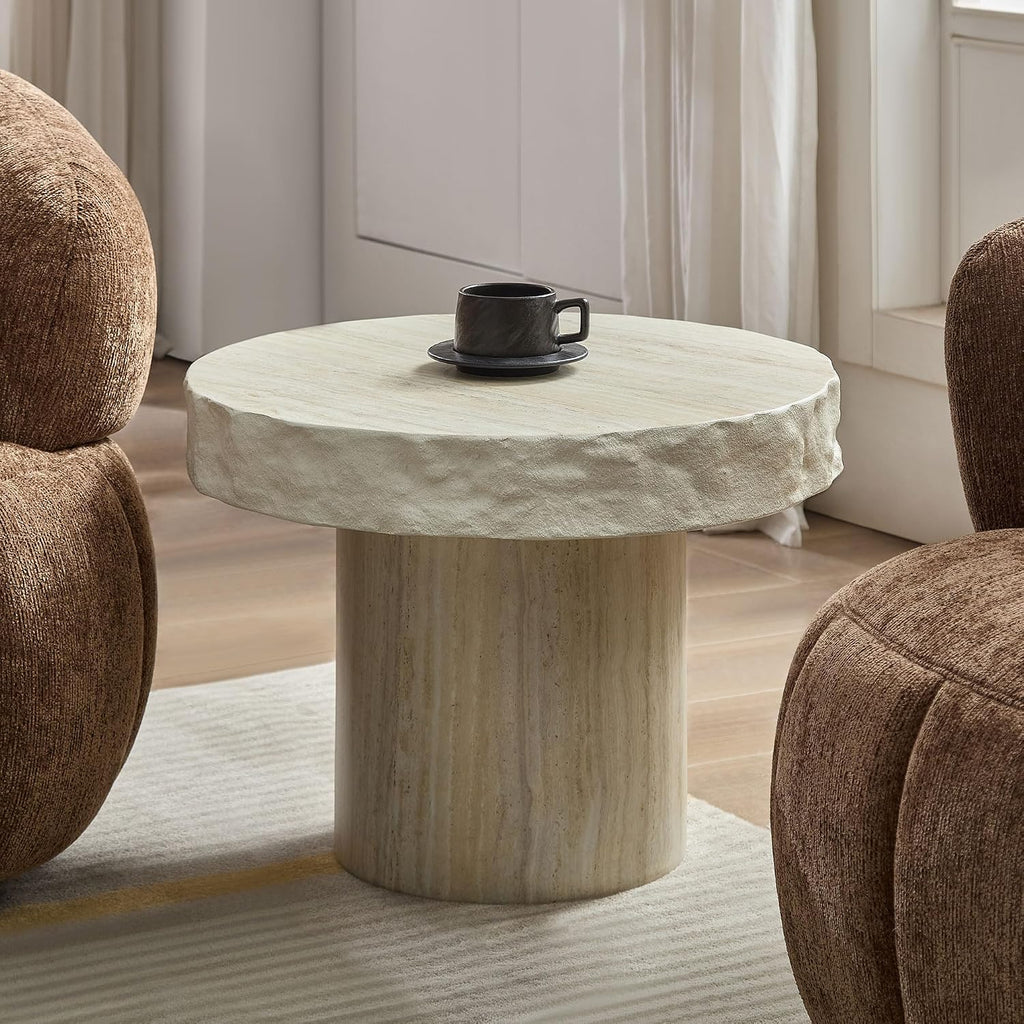 23.82' Round Side Table Small Coffee Table Faux Marble Pattern End Table Cement Stone Sofa Side Table for Living Room Apartment No Assembly