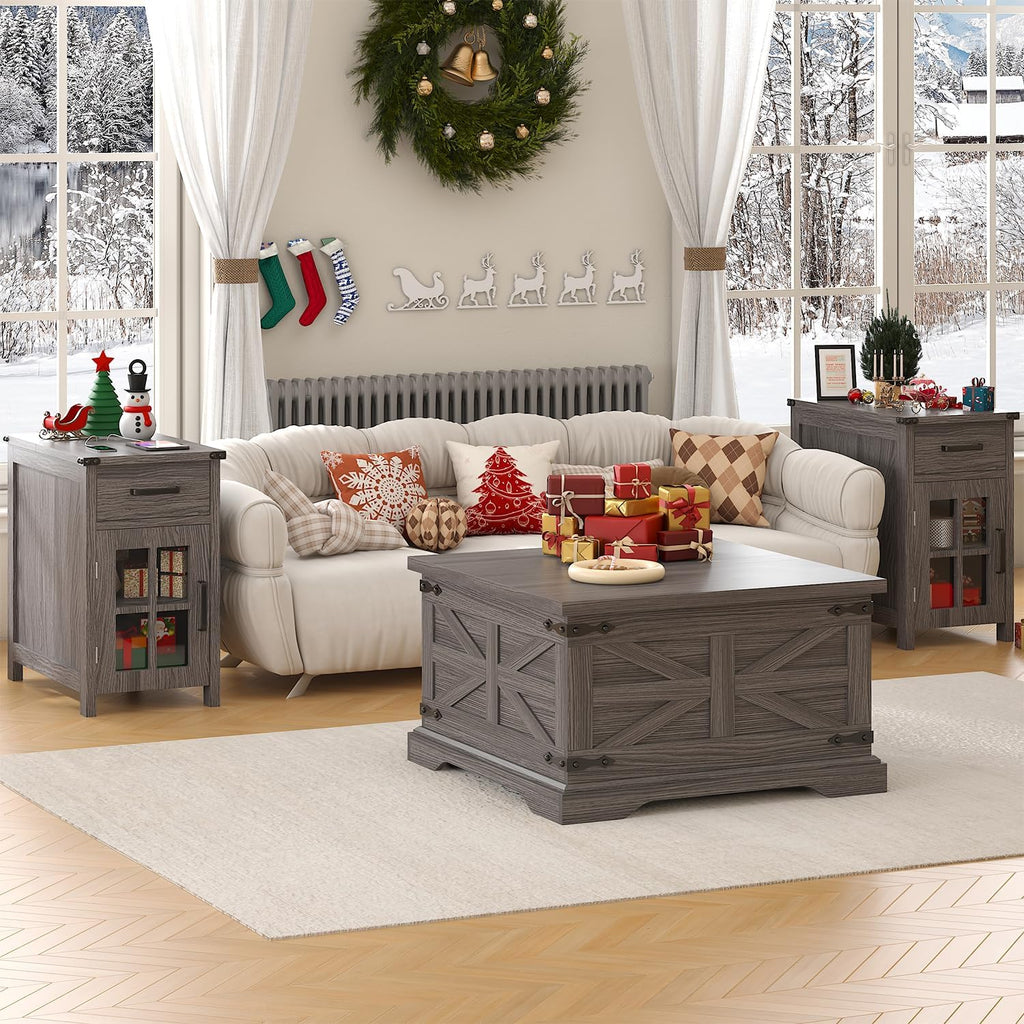 VVFLU Farmhouse Coffee Table with Storage, Square Center Table for Living Room, Rustic, Hinged Lift Top Soft Close, Wood, Large Hidden Storage, Modern, Metal Corner, Grey