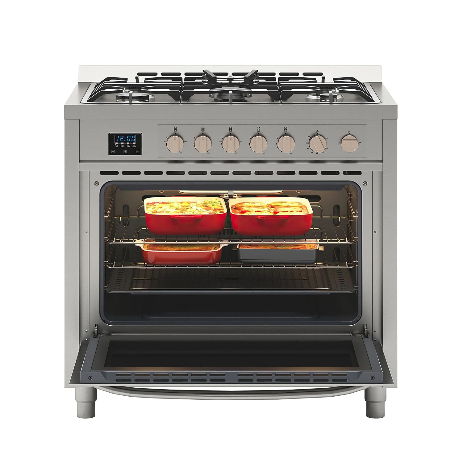 KoolMore 36' Inch Professional Gas Range Stove with 5 Burner Cooktop, Rapid Convection Oven, and Digital Timer with Heavy-Duty Cast Iron Grates, Stainless-Steel Appliance (KM-FR36GL-SS), Silver