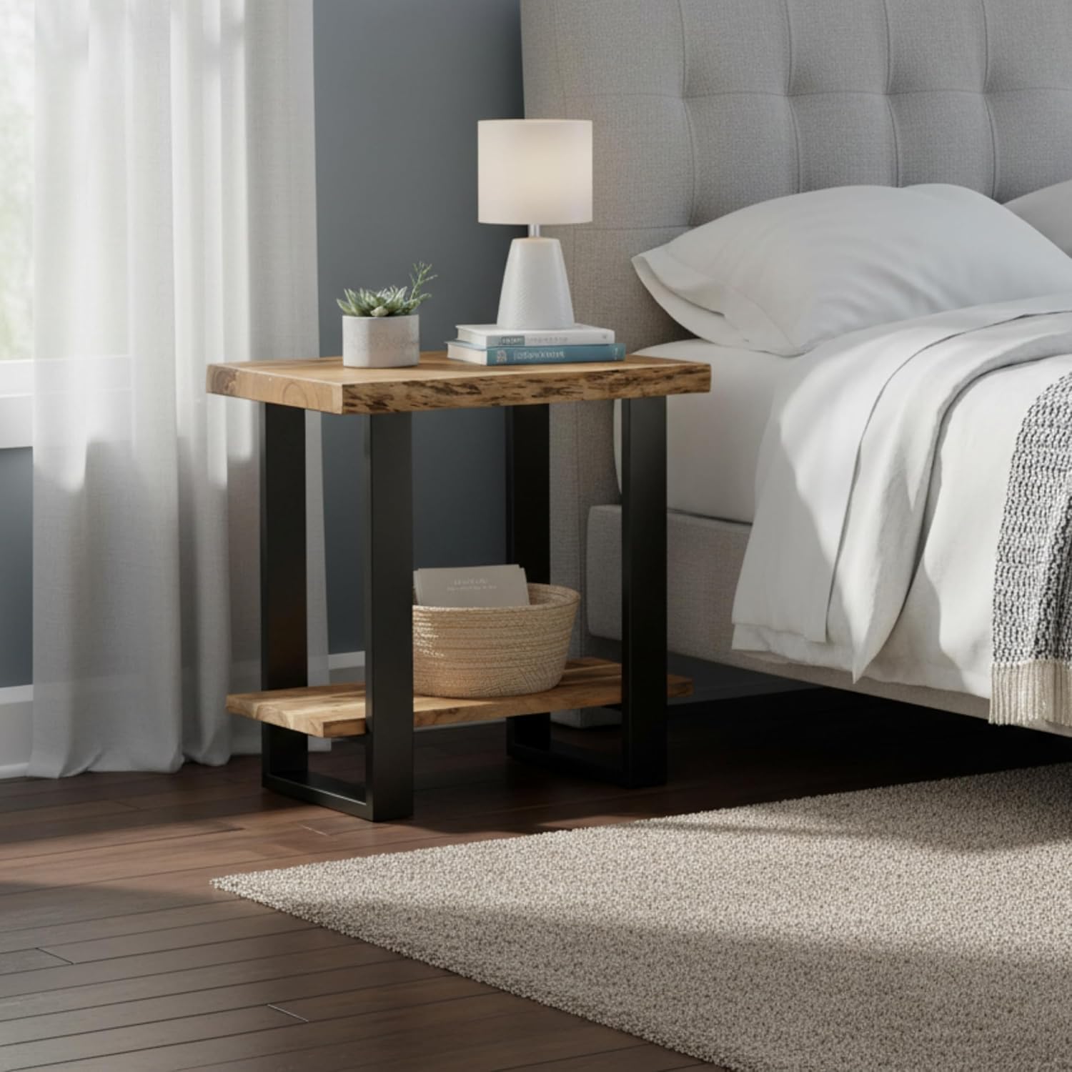 Alaterre Furniture Alpine Live Edge Modern End Table - 2-Tier Narrow Side Table with Open Storage Shelf - Solid Wood and Metal Modern Nightstands for Living Room or Bedroom (Natural)